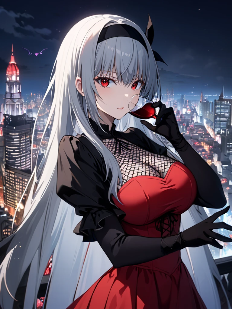  high definition ,  masterpieces , precise,  Best Quality ,  high detail, โมเดล high definition , The angle of the silhouette ,  Background Converter, City view at night,  Gothic Dress from TenSura Series - Tensei Shitara Slime Datta Ken, Luminous Valentine, Long hair, Gray hair, (  blue eyes:1.2),  red-eyed( red-eyed:1.2), Black pupil,  redhead,  big breasts,  wearing a red dress, Put on mesh gloves, As a vampire , Black headband ribbon, Wine Sip 