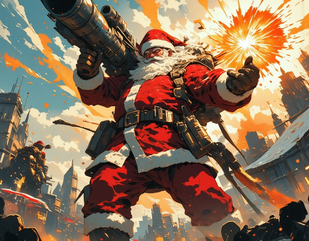 ((UHD, retina, masterpiece:1.2, anatomically correct, good anatomy:1.3, textured skin, super detail, high details, best quality, highres icon:1.3, 8k)), Strong Body Santa Claus , Beard Flickering Like Fire , An Aura Bursting Out of Their Eyes , Muscles are pushing up Santa clothes, Thick Muscular Arms , Santa Claus is firing a high mega cannon, Highmat Full Burst, Countless missiles are fired from Santa's back, Dramatic:1.1, The missile trajectory is Itano Circus, Dynamic Paintbrush, from below:1.2