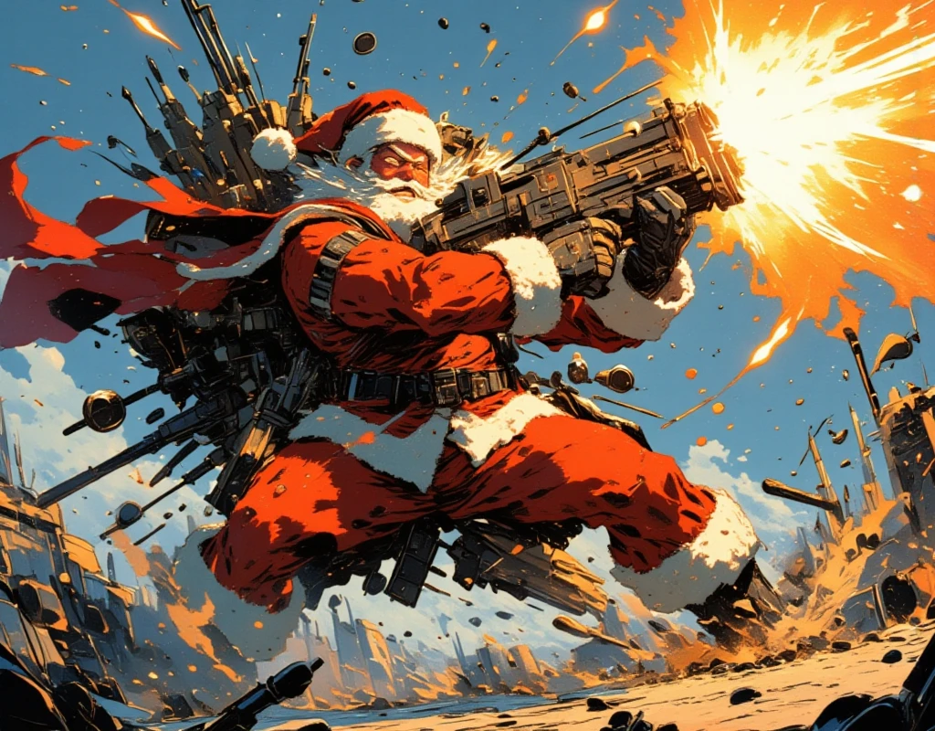 ((UHD, retina, masterpiece:1.2, anatomically correct, good anatomy:1.3, textured skin, super detail, high details, best quality, highres icon:1.3, 8k)), Strong Body Santa Claus , Beard Flickering Like Fire , An Aura Bursting Out of Their Eyes , Muscles are pushing up Santa clothes, Thick Muscular Arms , Santa Claus is firing a high mega cannon, Highmat Full Burst, Countless missiles are fired from Santa's back, Dramatic:1.1, The missile trajectory is Itano Circus, Dynamic Paintbrush, from below:1.2