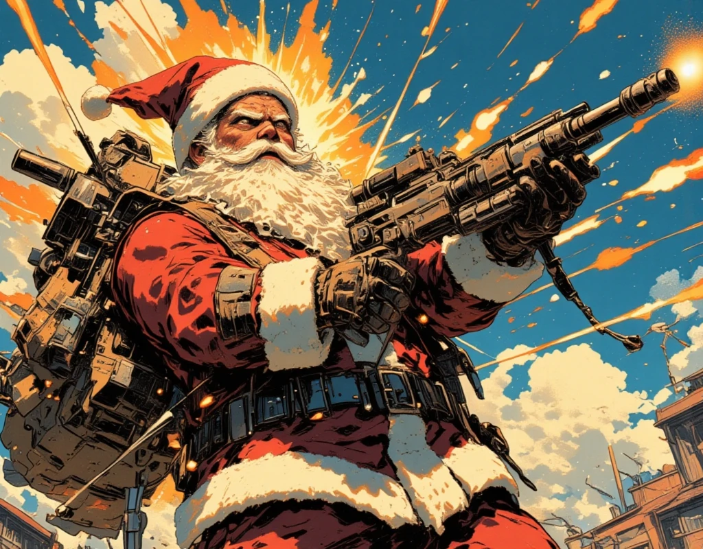 ((UHD, retina, masterpiece:1.2, anatomically correct, good anatomy:1.3, textured skin, super detail, high details, best quality, highres icon:1.3, 8k)), Strong Body Santa Claus , Beard Flickering Like Fire , An Aura Bursting Out of Their Eyes , Muscles are pushing up Santa clothes, Thick Muscular Arms , Santa Claus is firing a high mega cannon, Highmat Full Burst, Countless missiles are fired from Santa's back, Dramatic:1.1, The missile trajectory is Itano Circus, Dynamic Paintbrush, from below:1.2