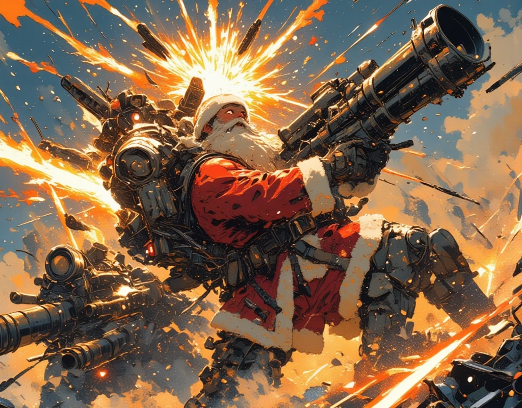 ((UHD, retina, masterpiece:1.2, anatomically correct, good anatomy:1.3, textured skin, super detail, high details, best quality, highres icon:1.3, 8k)), Strong Body Santa Claus , Beard Flickering Like Fire , An Aura Bursting Out of Their Eyes , Muscles are pushing up Santa clothes, Thick Muscular Arms , Santa Claus is firing a high mega cannon, Highmat Full Burst, Countless missiles are fired from Santa's back, Dramatic:1.1, The missile trajectory is Itano Circus, Dynamic Paintbrush, from below:1.2