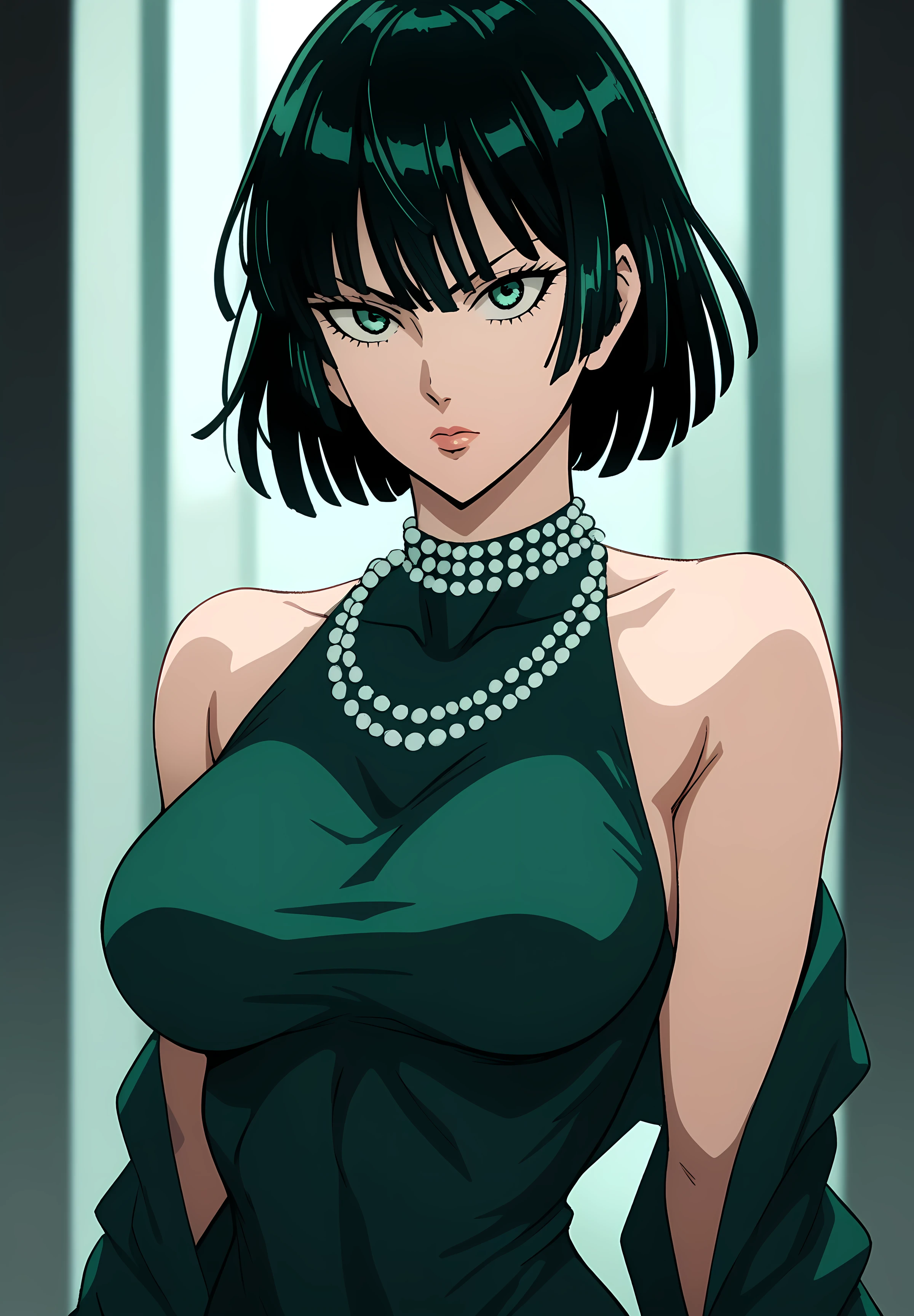  score_9,  score_8_up,  score_7_up,  source_anime, one punch man, fubuki, green short  hair , green eyes, green long-sleeved dress, tight fitting, neck jewellery, medium chest, curvy body,  standing,  looking at viewer, ,portrait,  slouching forward