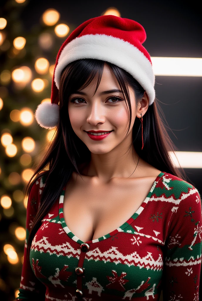 Close up Portrait of a beautiful tifa Lockhart , she Is wearing a santa claus hat, wearing a sweater with christmas patterns, in the background the is a Christmas tree, vibrant smile, cleavage, red lipstick, she has Christmas makeup, cinematic, high contrast, Christmas lights 