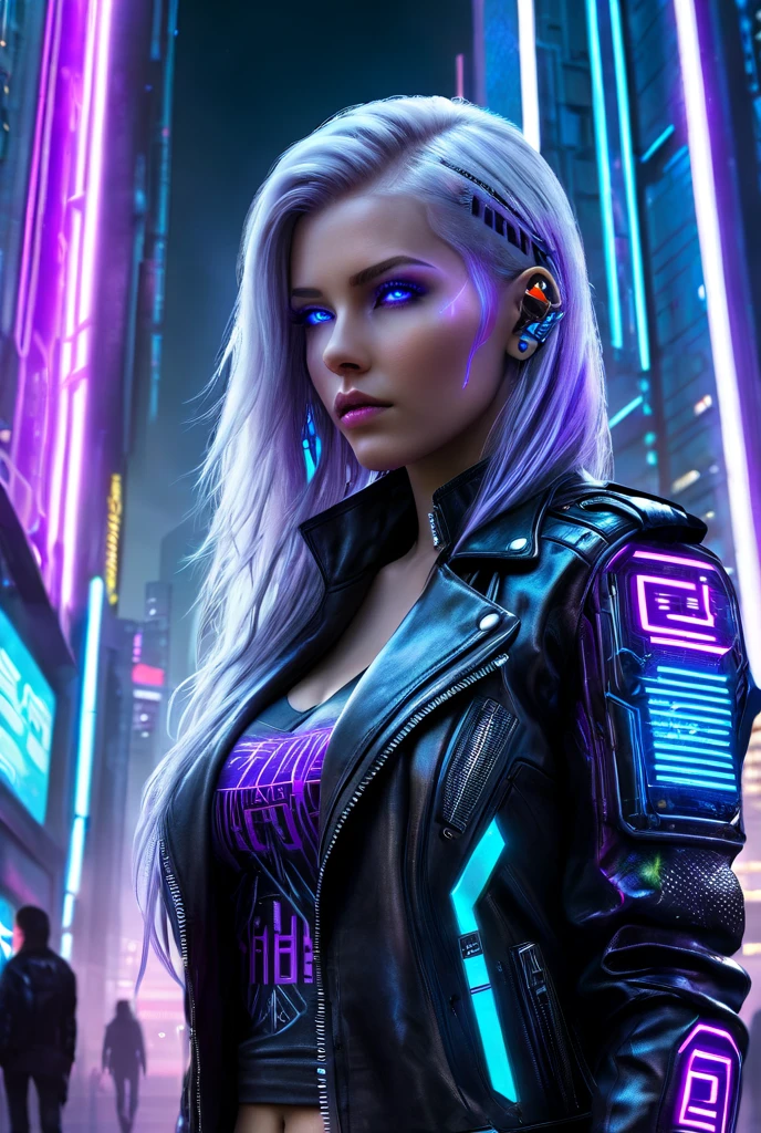 1girl, cyberpunk, futuristic city, neon lights, glowing tattoos, long silver hair, cybernetic implants, leather jacket, standing in front of a futuristic skyscraper, intense gaze, neon blue and purple theme, digital art, hyper-realistic, ultra quality:1.3, masterpiece, highly detailed, HDR, 8K resolution, dramatic lighting, soft shadows, depth of field, intricate details, glowing effects, sci-fi atmosphere