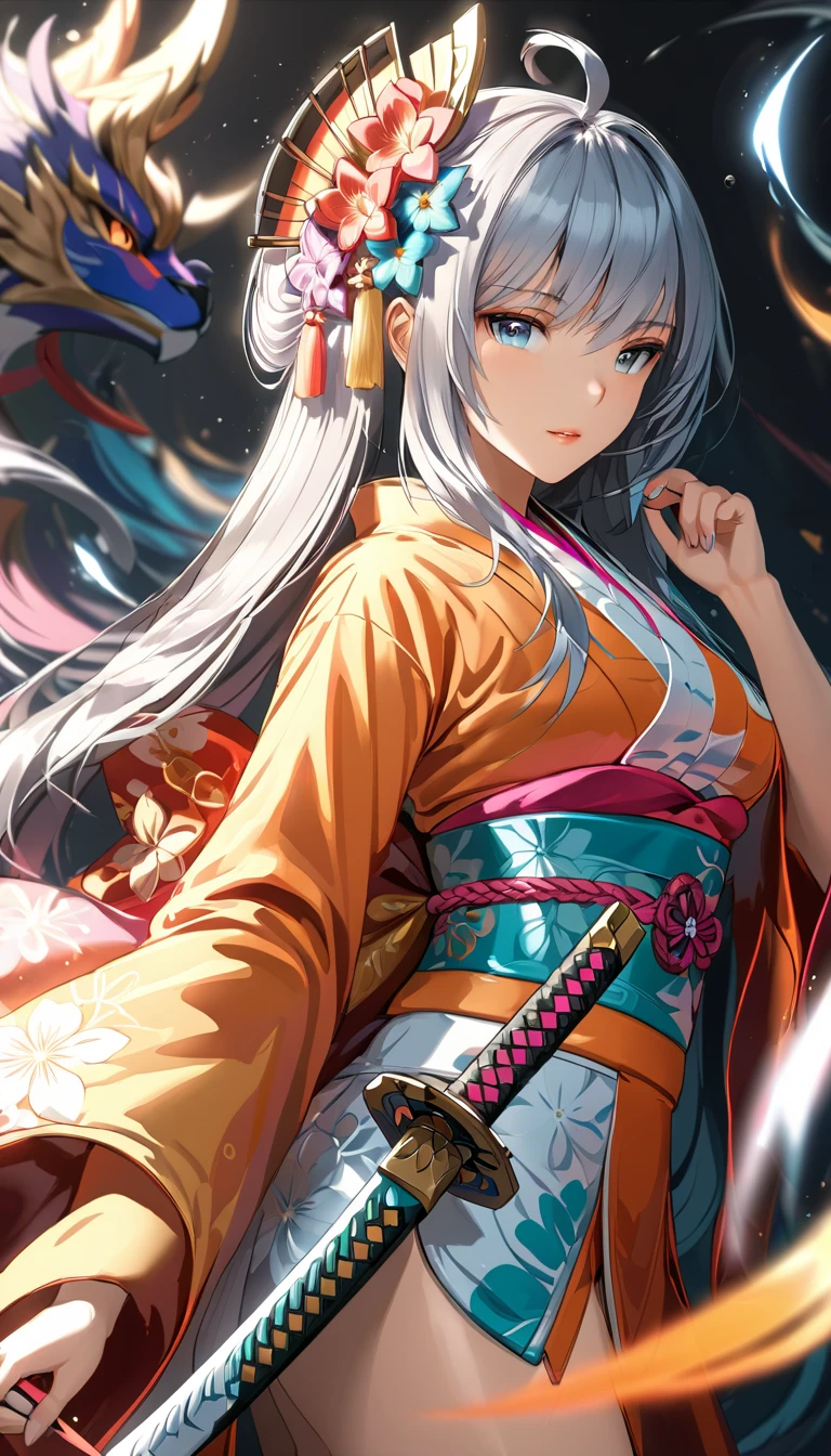 masterpiece, best quality, ultra-detailed, very aesthetic, sharp focus, depth of field, vibrant colors, ray tracing, best lighting, detailed illustration, detailed background, cinematic, beautiful face, beautiful eyes, an image of the  character holding two swords and four others up, 1girl, sword, weapon, japanese clothes, solo, kimono, long hair, obi, sash, holding, ahoge, sheath, katana, white background, flower, looking at viewer, breasts, hair ornament, holding weapon, full body, holding sword, very long hair, wide sleeves, simple background, tabi, hair flower, standing, ,EyesHD,cinematic lighting , cinematic angle, soft light , color detail, backlighting, Depth of field, long exposure, light steps,  intricate colors, vibrant colors,close-up,crystal, eye focus, gem,sparkle, star \(symbol\), 