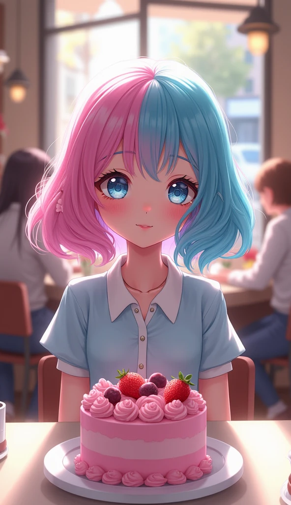  The image shows a girl with bright and expressive features,  bow stylized in the genre of anime or digital art . She has colorful hair ,  turning from blue to pink , , which gives it a fabulous and slightly fantasy look .  Her big eyes emphasize the soft and gentle look .  The girl is dressed in pale blue I wear clothes with a , , which adds sophistication and innocence to the image .

 In front of her is a bright pink cake ,  decorated with cream and berries ,  who is in the spotlight .  The background of the picture is a cozy cafe with soft light ,  with people sitting at other tables .  The cafe windows offer a view of a city street with blurred details ,  creating an atmosphere of warmth and comfort .

 The overall tone of the image is light and rich ,  conveying harmony and a sense of celebration or a pleasant moment .