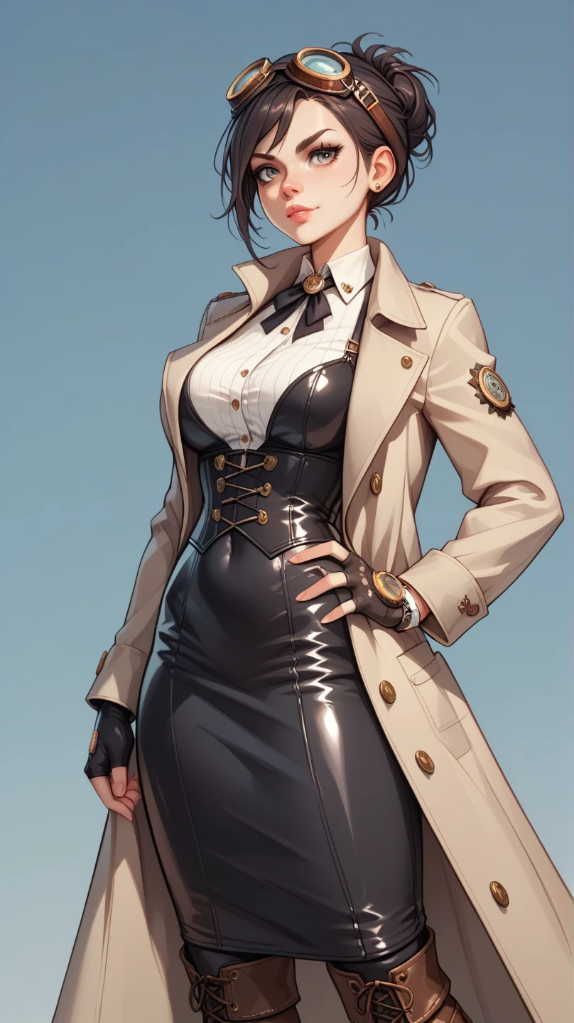 ((highest quality)),(ultra high resolution),(Super detailed),(detailed description),((best CG)),(best work of art),super precision art,great drawing art,(Works with precise details:1.5), (1 female model:1.6),(beautiful and well-shaped face:1.5),(trench coat:1.5),Laced boots:1.4,Leather gloves:1.5,(serious look:1.4),