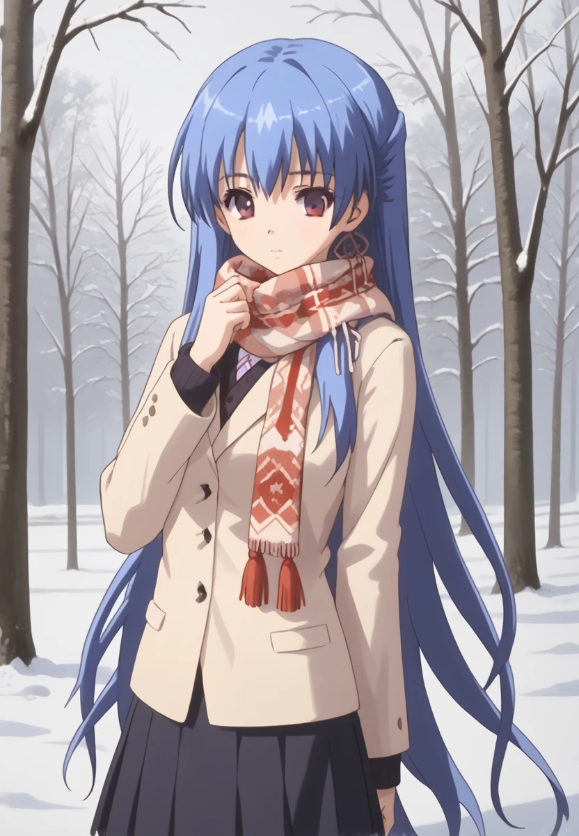 Kuonji Otoha (dark blue), solo, , purple eyes, blue hair, very long hair, medium cleavage, looking at viewer, Japanese clothing, snow, same skirt, same, Meiji Girls' High School uniform, long hair, feathers, tree, scarf, snow, black skirt, winter,