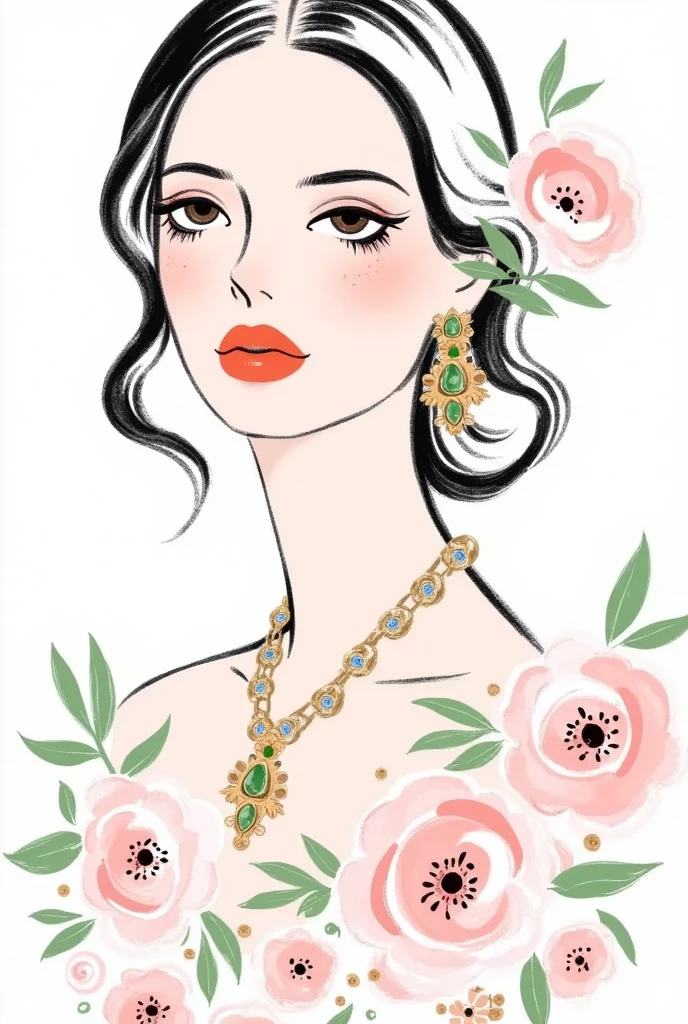  fashion design sketch ：Girl illustration,luxury floral jewelry , ,  digital painting , Fine Hair, (Black Line)，Illustration style, Digital Illustration,  Color Sketch , watercolor Illustration style,