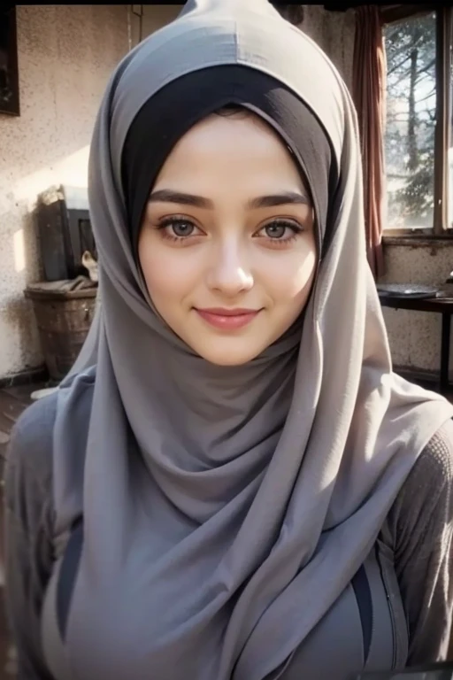North African tween girl, 3/4 photo, natural light, posing for picture, greeneyes, fat lower lip, huge bimbo lips, thick lips, dark skin, (arab headscarf), modest clothes, turtleneck, suit pants, long sleeves, freckles 