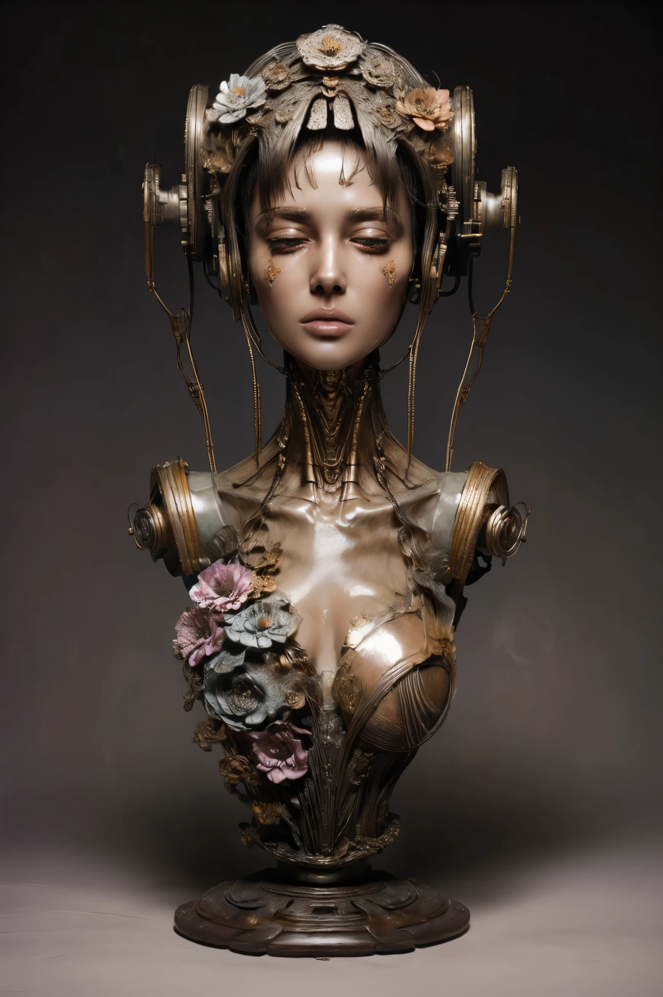 (masterpeace), ((super real photography: 1.5)), ((photo realistic: 1.3)), (real photo), 
A Japanese young girl with a lot of flowers, ((A young girl robot: 1.5)),  (bust statue), 
BREAK
headgear, ((real metalic skin)), ((beautiful face: 1.5)), ((Super cute: 1.5)), ((babyface: 1.5)), ((well-balanced face)), (close eyes: 1.3)), longeyelashes, stunning big eyes, luscious glossy lips, ((blunt bangs: 1.5)), (long hair), 
BREAK
(slender body: 1.3), petite bust, flower bloom, (flowers: 1.5),
BREAK
High-Mechanic body, octane rendering, Super Detailed machine, ((connected electric cables)), 
BREAK
(simple background: 1.3), ((bust shot: 1.3)), cinema quality, professional photograph, (photo studio: 1.5), (Bright Light: 1.2), Eye-Level Shot, wide lens, (fujifilm 35mm), (film photo), RAW, Excessive Embellishment, UHD, 
BREAK
anatomically correct, textured skin, best quality, 8k