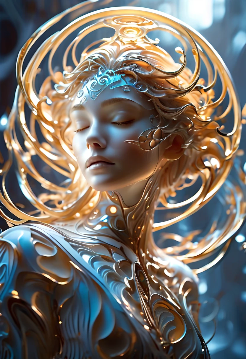  A divine epic cinematic shot of dynamic Midjourney , MJ ,  in the style of Midjourney , realism,  cinematic quality , play of light, gradient, Shine,  patterns stunning Intricate sculpture with , which, Seems,  float and revolve around the central female face with her eyes closed. Mostly white or light colors ,  to emphasize finely executed details .  Create a dynamic effect with , which создают впечатление движения в движении.  the main character of a high-budget action movie . RAW Photo,  motion blur .  top quality ,  high resolution 