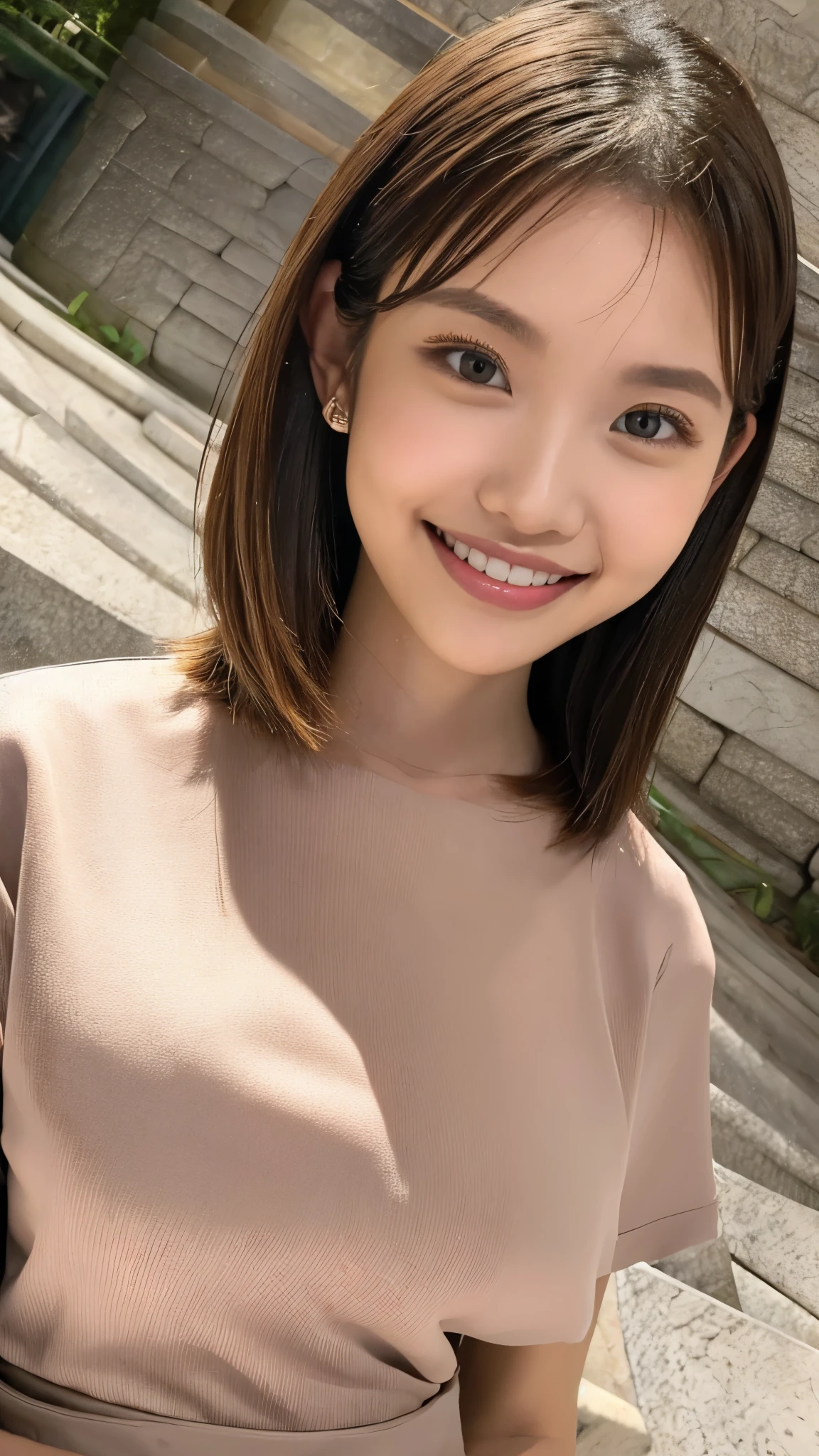((Realistic light、Top image quality、8K、​masterpiece:1.3))、1girl in、Slim figure beauty:1.4、Brown hair、((Colossal tits:1.3))、Off-shoulder cut top:1.3、Super Detailed Face、detailedeyes、二重まぶた、A smile、cleavage of the breast、((Beautie))、When my morning hair is a mess、I'm hot, doress、Shot in front of the Sagrada Familia in Barcelona, Spain