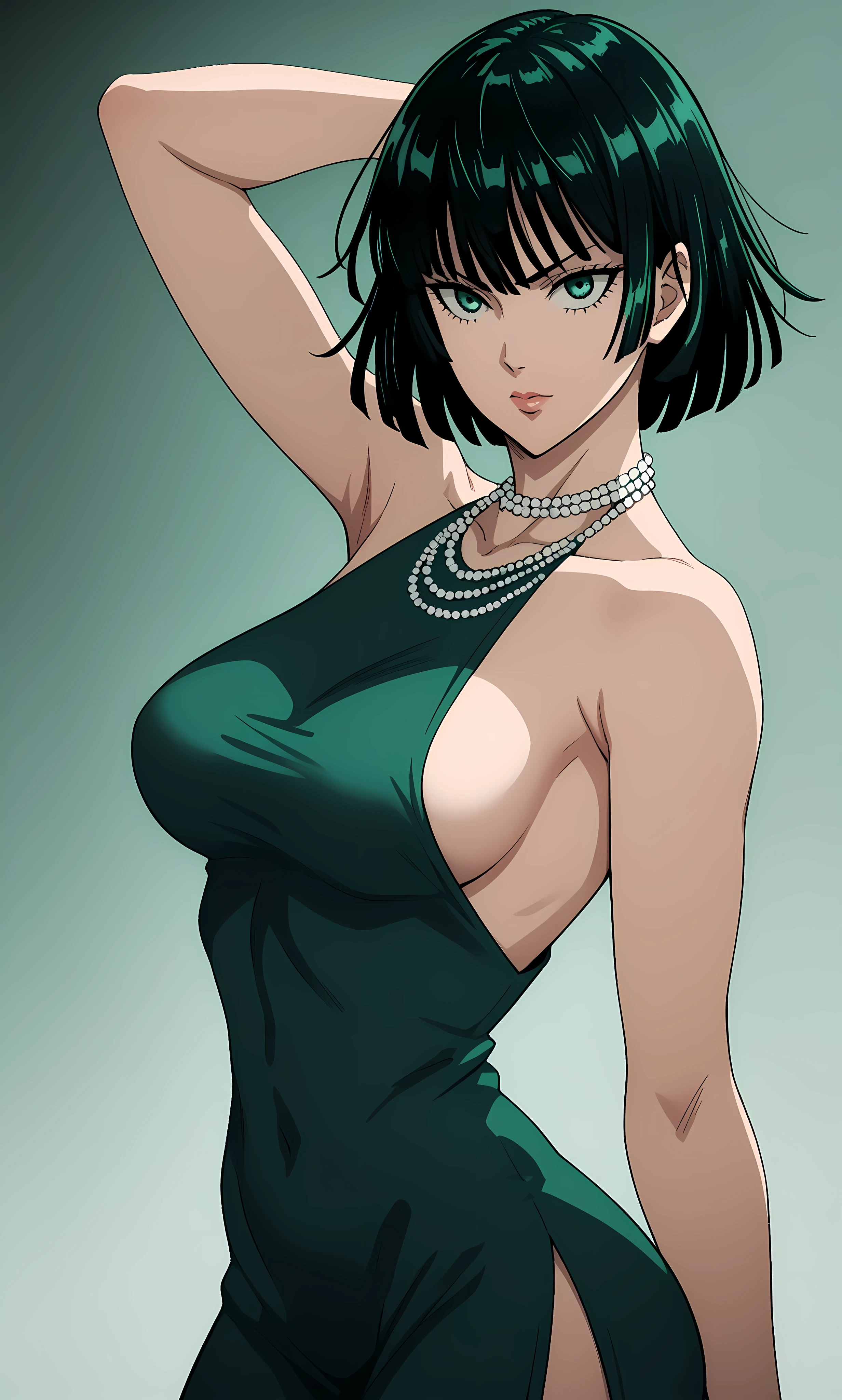  score_9,  score_8_up,  score_7_up,  source_anime, one punch man, fubuki, green short  hair , green eyes, green long-sleeved dress, backless, side shot, tight fitting, neck jewellery, medium chest, curvy body,  standing,  looking at viewer, ,portrait,  slouching forward