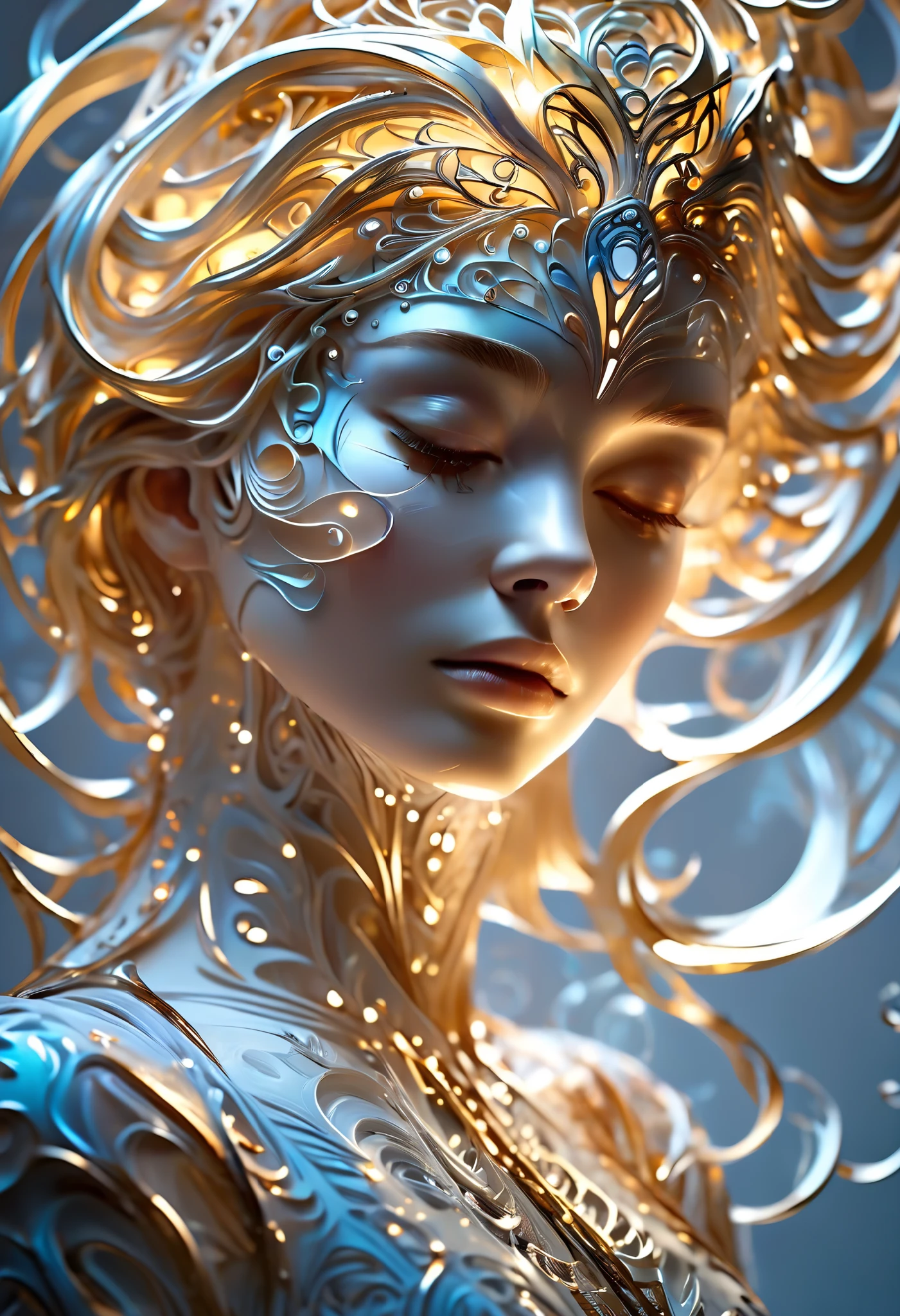  A divine epic cinematic shot of dynamic Midjourney , MJ ,  in the style of Midjourney , realism,  cinematic quality , play of light, gradient, Shine,  patterns stunning Intricate sculpture with , which, Seems,  float and revolve around the central female face with her eyes closed. Mostly white or light colors ,  to emphasize finely executed details .  Create a dynamic effect with , which создают впечатление движения в движении.  the main character of a high-budget action movie . RAW Photo,  motion blur .  top quality ,  high resolution 