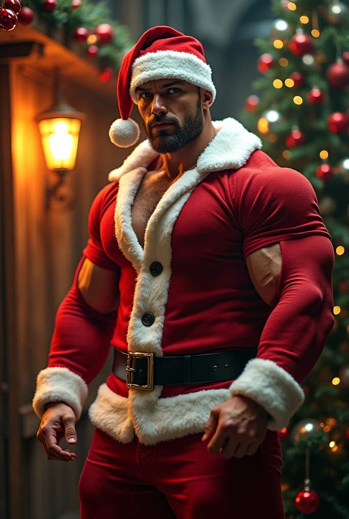 a photo of NPvl0sV2-1700, a man, RAW, close portrait photo, topless, santa hat, christmas tree in the background, (high detailed skin:1.2), 8k uhd, dslr, soft lighting, high quality, film grain, Fujifilm XT3 sharp focus, f 5.6