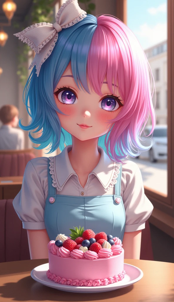  The image shows a girl with bright and expressive features,  bow stylized in the genre of anime or digital art . She has colorful hair ,  turning from blue to pink , , which gives it a fabulous and slightly fantasy look .  Her big eyes emphasize the soft and gentle look .  The girl is dressed in pale blue I wear clothes with a , , which adds sophistication and innocence to the image .

 In front of her is a bright pink cake ,  decorated with cream and berries ,  who is in the spotlight .  The background of the picture is a cozy cafe with soft light ,  with people sitting at other tables .  The cafe windows offer a view of a city street with blurred details ,  creating an atmosphere of warmth and comfort .

 The overall tone of the image is light and rich ,  conveying harmony and a sense of celebration or a pleasant moment .