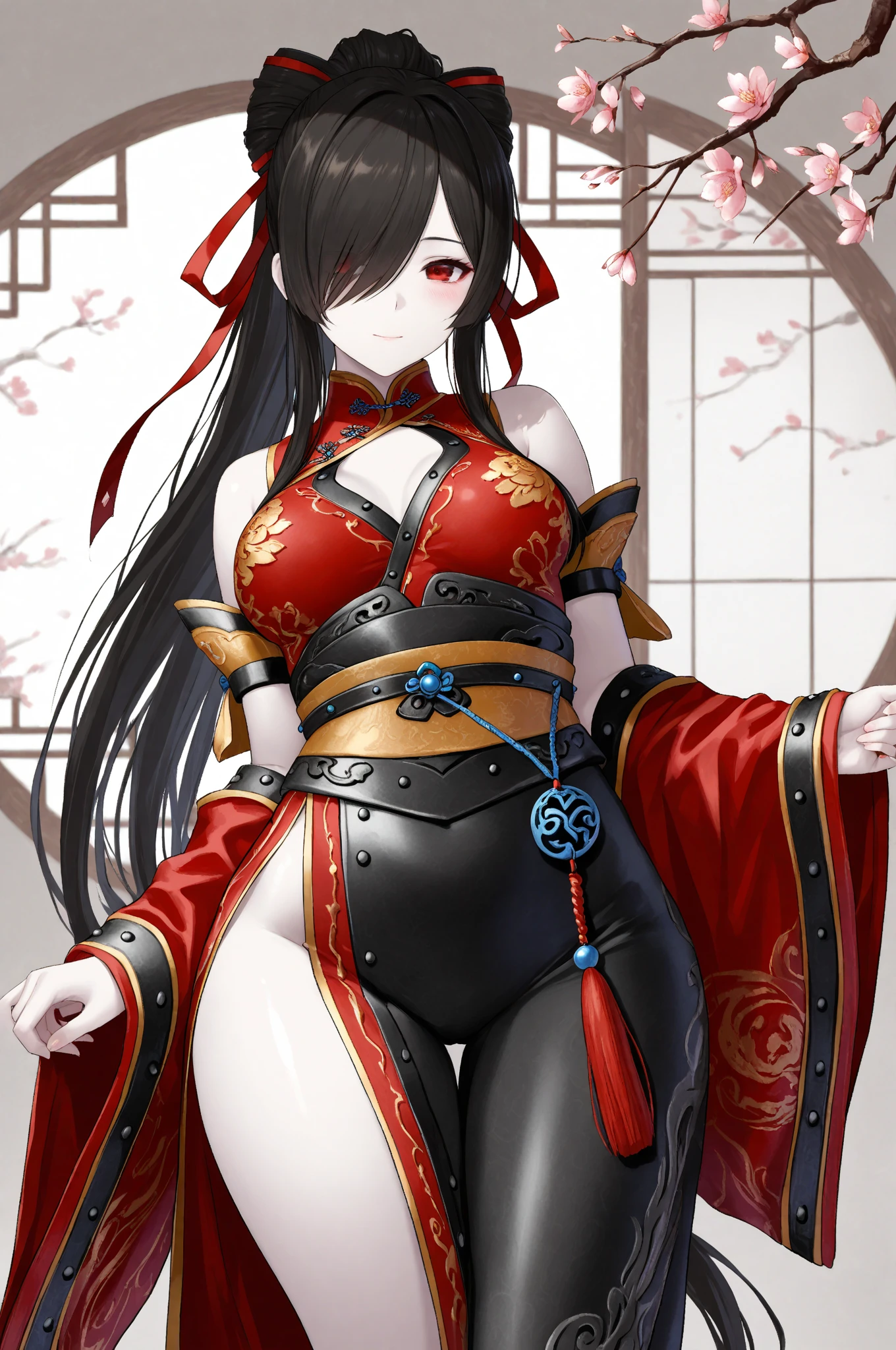 (masterpiece, best quality), extremely detailed face and eyes, delicated features, female focus, 1girl, smiling, Monika, very hair, black hair, red eyes, hair over right eye, expressionless eyes, medium breasts, ((curvy)), petite, cute, beautiful, shy, ((lovely)), pale skin, chinese clothes, solo, dynasty warriors, game style