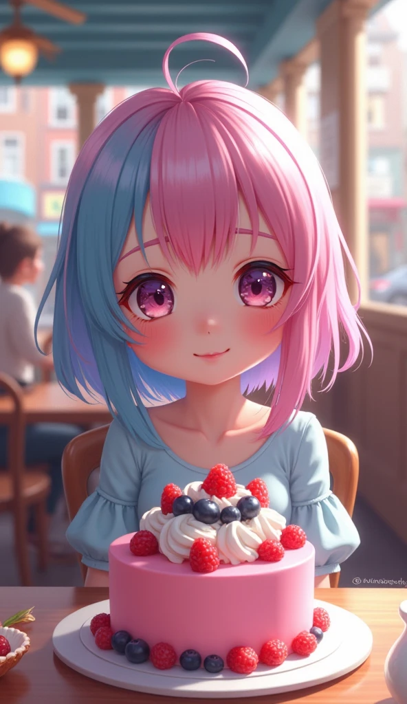  The image shows a girl with bright and expressive features,  bow stylized in the genre of anime or digital art . She has colorful hair ,  turning from blue to pink , , which gives it a fabulous and slightly fantasy look .  Her big eyes emphasize the soft and gentle look .  The girl is dressed in pale blue I wear clothes with a , , which adds sophistication and innocence to the image .

 In front of her is a bright pink cake ,  decorated with cream and berries ,  who is in the spotlight .  The background of the picture is a cozy cafe with soft light ,  with people sitting at other tables .  The cafe windows offer a view of a city street with blurred details ,  creating an atmosphere of warmth and comfort .

 The overall tone of the image is light and rich ,  conveying harmony and a sense of celebration or a pleasant moment .