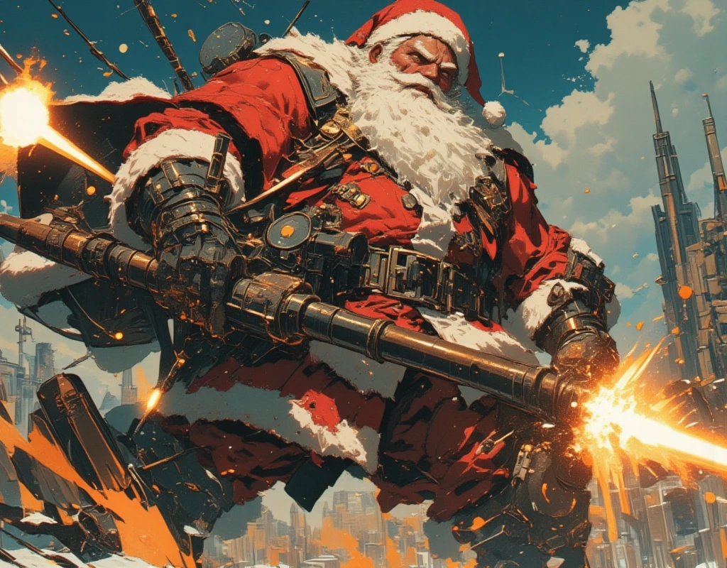 ((UHD, retina, masterpiece:1.2, anatomically correct, good anatomy:1.3, textured skin, super detail, high details, best quality, highres icon:1.3, 8k)), Strong Body Santa Claus , Beard Flickering Like Fire , An Aura Bursting Out of Their Eyes , Muscles are pushing up Santa clothes, Thick Muscular Arms , Santa Claus is looking left and shooting a gun, Santa Claus is holding and firing a long barrel cannon, long barrel:1.5, The shield is stuck into the ground:1.4, The barrel is placed on top of the shield and fixed in place:1.4, Dramatic:1.1, Dynamic Paintbrush, from below:1.2, Vision:1.1