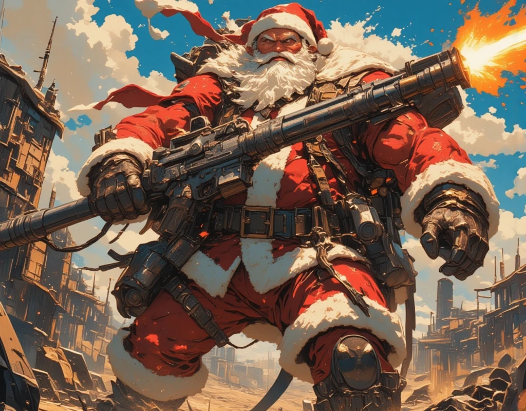 ((UHD, retina, masterpiece:1.2, anatomically correct, good anatomy:1.3, textured skin, super detail, high details, best quality, highres icon:1.3, 8k)), Strong Body Santa Claus , Beard Flickering Like Fire , An Aura Bursting Out of Their Eyes , Muscles are pushing up Santa clothes, Thick Muscular Arms , Santa Claus is looking left and shooting a gun, Santa Claus is holding and firing a long barrel cannon, long barrel:1.5, The shield is stuck into the ground:1.4, The barrel is placed on top of the shield and fixed in place:1.4, Dramatic:1.1, Dynamic Paintbrush, from below:1.2, Vision:1.1