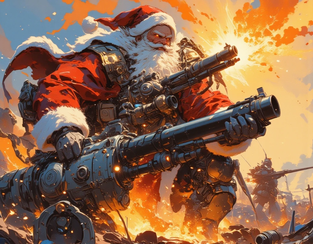 ((UHD, retina, masterpiece:1.2, anatomically correct, good anatomy:1.3, textured skin, super detail, high details, best quality, highres icon:1.3, 8k)), Strong Body Santa Claus , Beard Flickering Like Fire , An Aura Bursting Out of Their Eyes , Muscles are pushing up Santa clothes, Thick Muscular Arms , Santa Claus is looking left and shooting a gun, Santa Claus is holding and firing a long barrel cannon, long barrel:1.5, The shield is stuck into the ground:1.4, The barrel is placed on top of the shield and fixed in place:1.4, Dramatic:1.1, Dynamic Paintbrush, from below:1.2, Vision:1.1