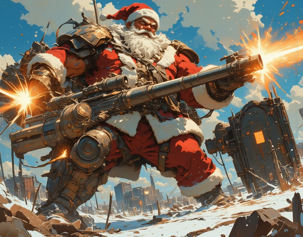 ((UHD, retina, masterpiece:1.2, anatomically correct, good anatomy:1.3, textured skin, super detail, high details, best quality, highres icon:1.3, 8k)), Strong Body Santa Claus , Beard Flickering Like Fire , An Aura Bursting Out of Their Eyes , Muscles are pushing up Santa clothes, Thick Muscular Arms , Santa Claus is looking left and shooting a gun, Santa Claus is holding and firing a long barrel cannon, long barrel:1.5, The shield is stuck into the ground:1.4, The barrel is placed on top of the shield and fixed in place:1.4, Dramatic:1.1, Dynamic Paintbrush, from below:1.2, Vision:1.1