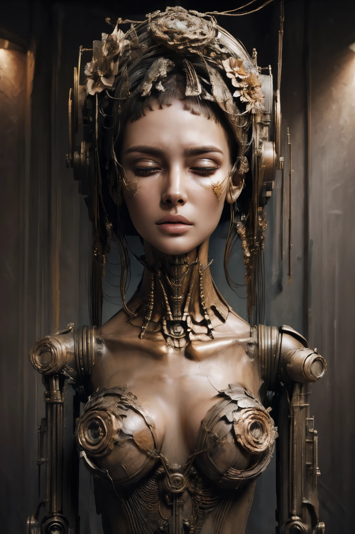(masterpeace), ((super real photography: 1.5)), ((photo realistic: 1.3)), (real photo),
A Japanese young girl with a lot of flowers, ((A young girl robot: 1.5)), (bust statue),
BREAK
headgear, ((real metalic skin)), ((beautiful face: 1.5)), ((Super cute: 1.5)), ((babyface: 1.5)), ((well-balanced face)), (close eyes: 1.3)), longeyelashes, stunning big eyes, luscious glossy lips, ((blunt bangs: 1.5)), (long hair),
BREAK
(slender body: 1.3), petite bust, flower bloom, (flowers: 1.5),
BREAK
High-Mechanic body, octane rendering, Super Detailed machine, ((connected electric cables)),
BREAK
(simple background: 1.3), ((bust shot: 1.3)), cinema quality, professional photograph, (photo studio: 1.5), (Bright Light: 1.2), Eye-Level Shot, wide lens, (fujifilm 35mm), (film photo), RAW, Excessive Embellishment, UHD,
BREAK
anatomically correct, textured skin, best quality, 8k