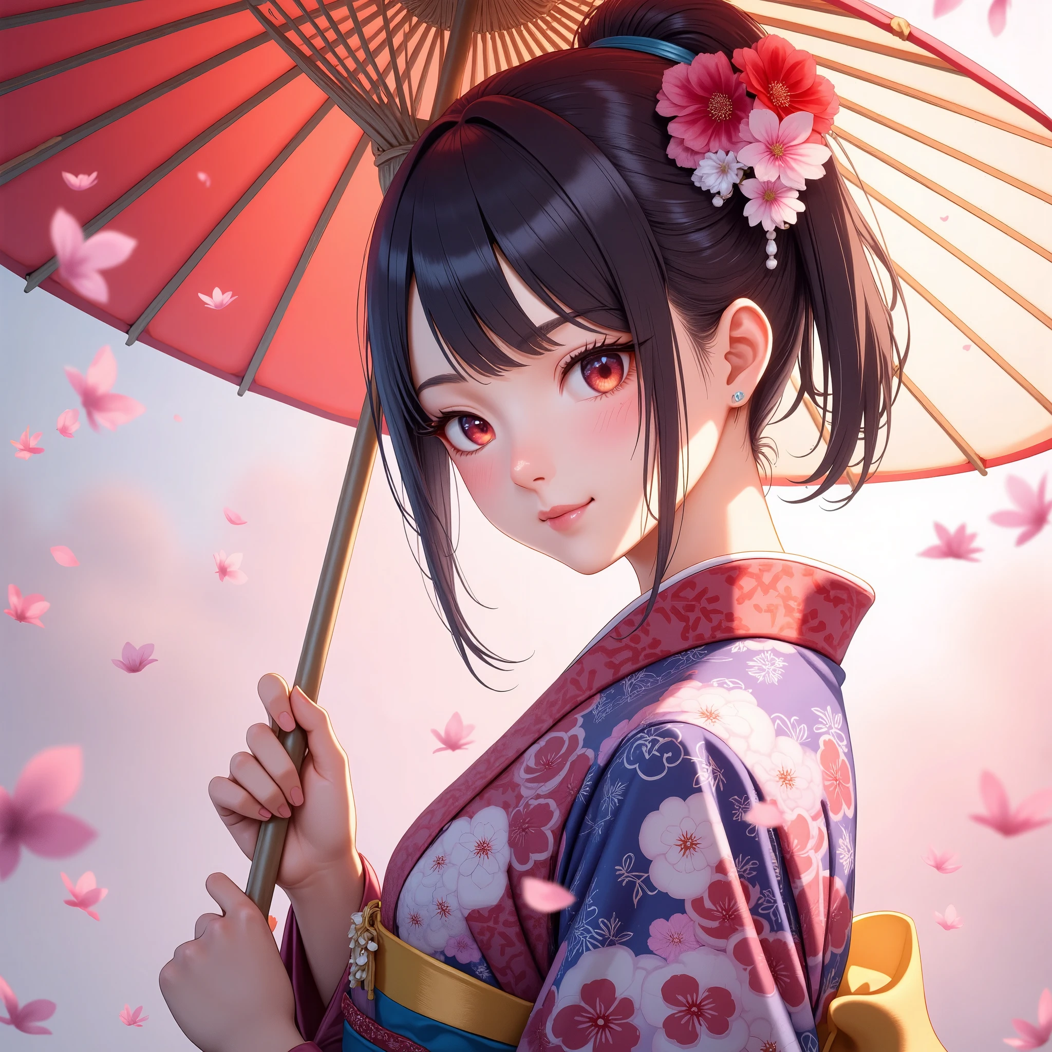 Anime girl with a red umbrella and pink flowers in her hair - SeaArt AI
