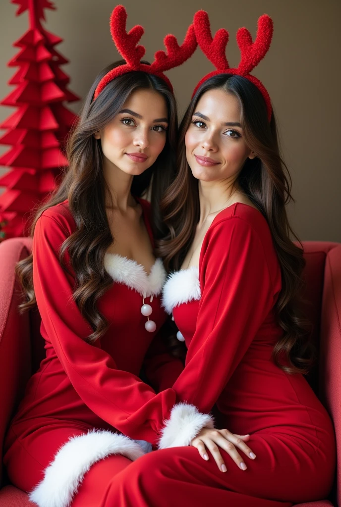 A WOMAN, medium curvy body. WAVY, DARK BROWN HAIR. She wears Christmas clothes, and is in a Christmas mood, her hands are well cared for and realistic.