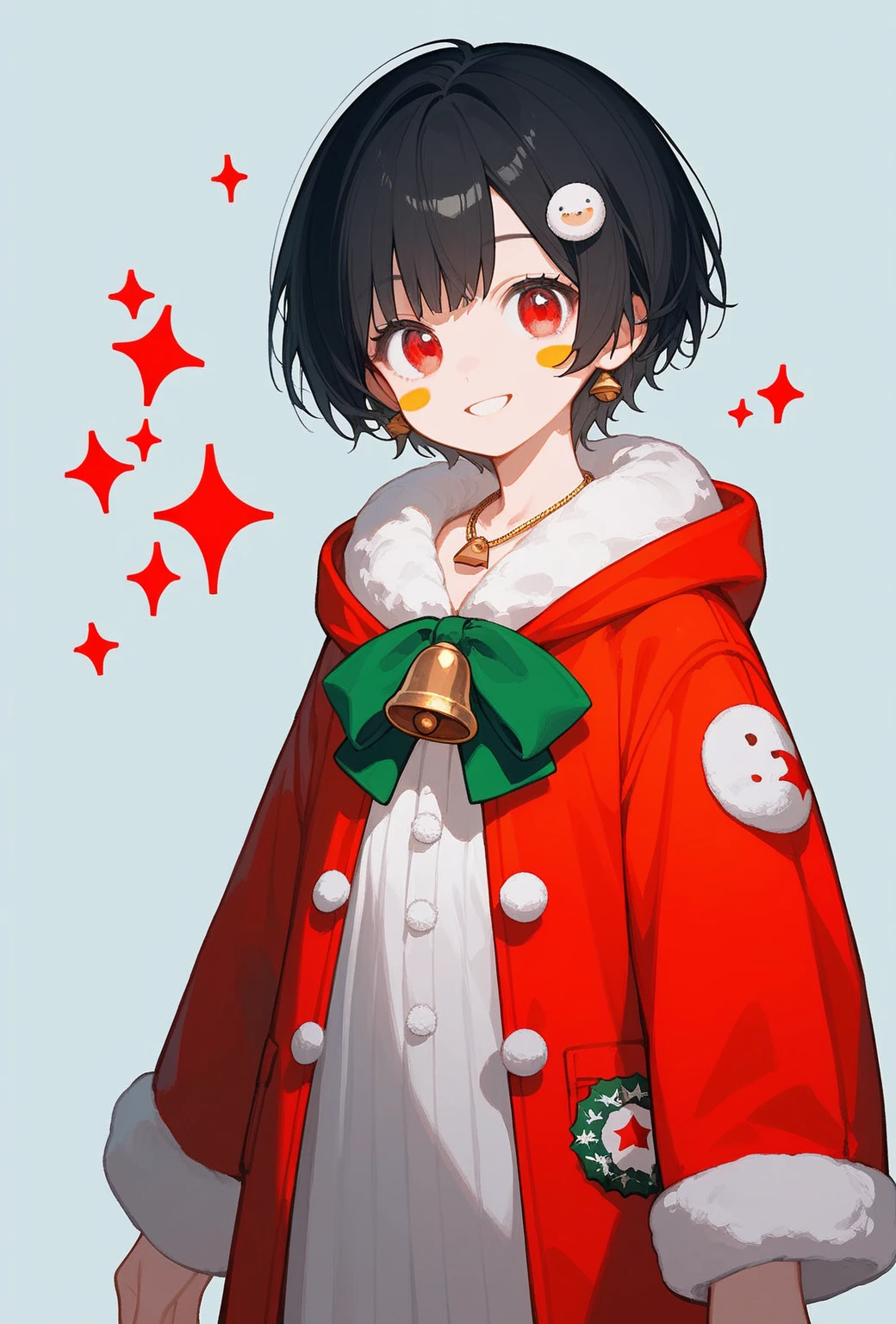 score_9, score_8_up, score_7_up, score_6_up, score_5_up, score_4_up, source_anime, (cute sticker style:1.3), 1girl, kawaii, smiling, red eyes, black hair, (short hair), standing, wearing a red coat, golden bell necklace, Christmas theme, (simple background, plain background), intricate detailed.