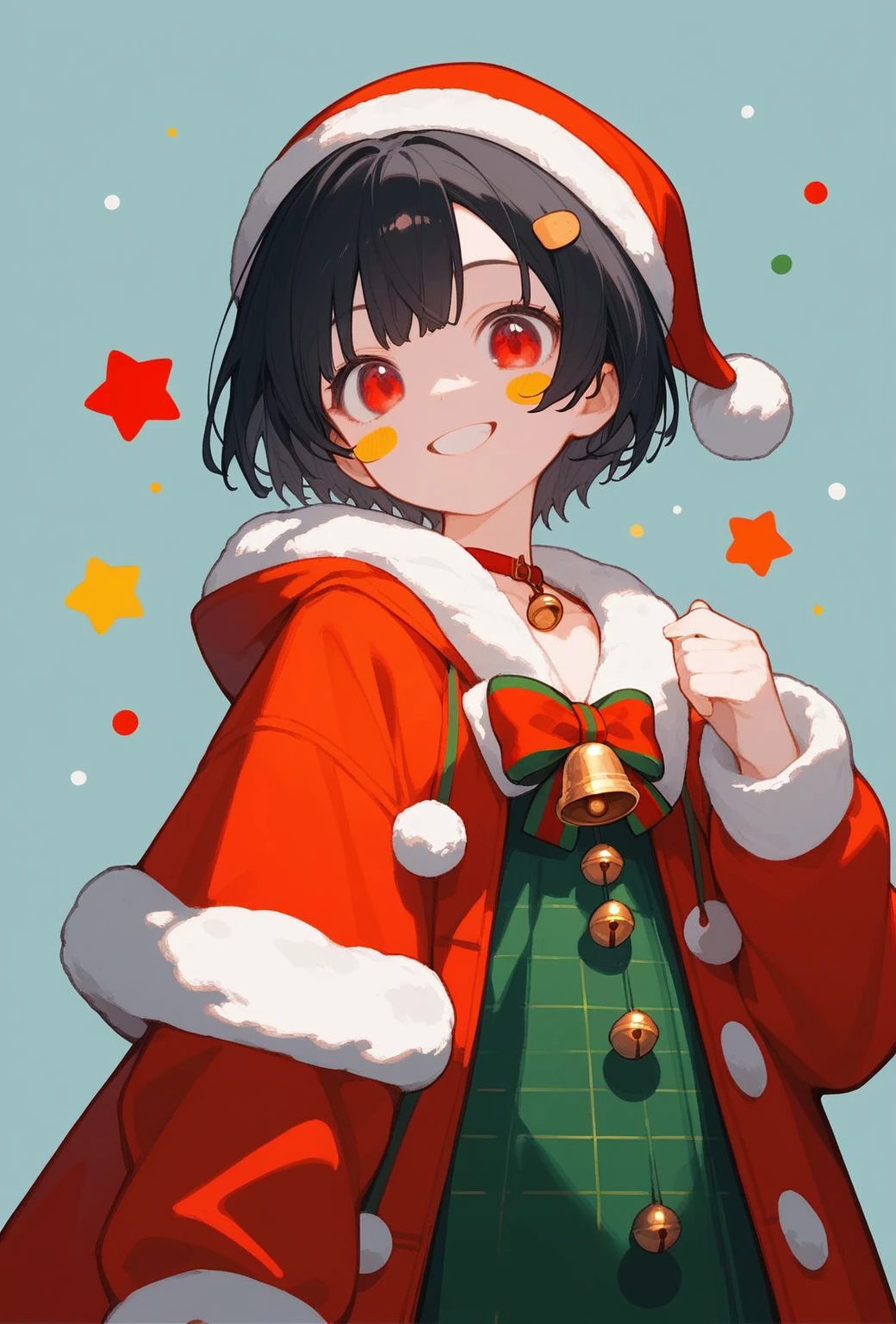 score_9, score_8_up, score_7_up, score_6_up, score_5_up, score_4_up, source_anime, (cute sticker style:1.3), 1girl, kawaii, smiling, red eyes, black hair, (short hair), standing, wearing a red coat, golden bell necklace, Christmas theme, (simple background, plain background), intricate detailed.