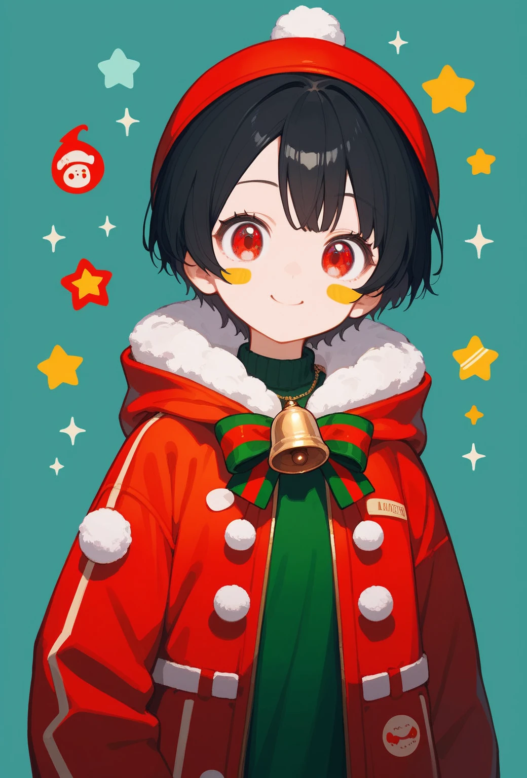 score_9, score_8_up, score_7_up, score_6_up, score_5_up, score_4_up, source_anime, (cute sticker style:1.3), 1girl, kawaii, smiling, red eyes, black hair, (short hair), standing, wearing a red coat, golden bell necklace, Christmas theme, (simple background, plain background), intricate detailed.