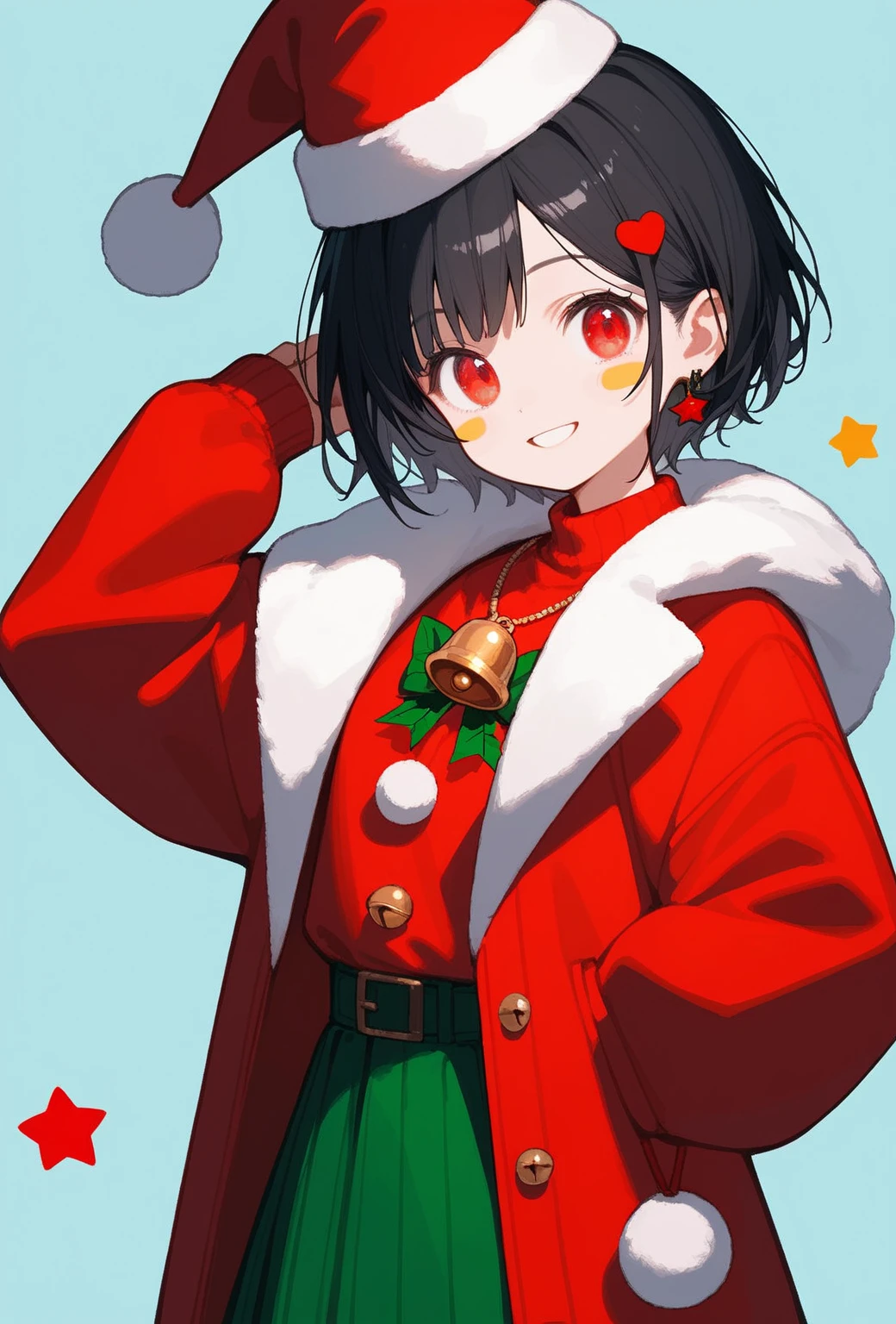 score_9, score_8_up, score_7_up, score_6_up, score_5_up, score_4_up, source_anime, (cute sticker style:1.3), 1girl, kawaii, smiling, red eyes, black hair, (short hair), standing, wearing a red coat, golden bell necklace, Christmas theme, (simple background, plain background), intricate detailed.