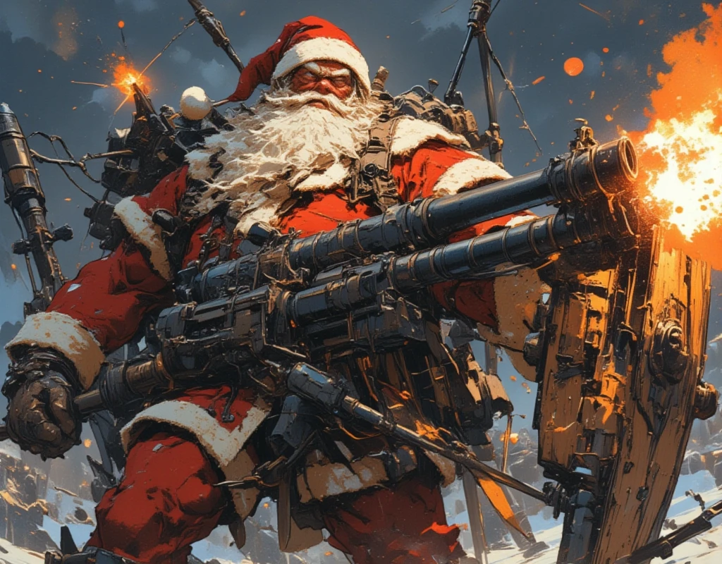 ((UHD, retina, masterpiece:1.2, anatomically correct, good anatomy:1.3, textured skin, super detail, high details, best quality, highres icon:1.3, 8k)), Strong Body Santa Claus , Beard Flickering Like Fire , An Aura Bursting Out of Their Eyes , Muscles are pushing up Santa clothes, Thick Muscular Arms , Santa Claus is looking left and shooting a gun, Santa Claus is holding and firing a long barrel cannon, long barrel:1.5, The shield is stuck into the ground:1.4, The barrel is placed on top of the shield and fixed in place:1.4, Dramatic:1.1, Dynamic Paintbrush, from below:1.2, Vision:1.1