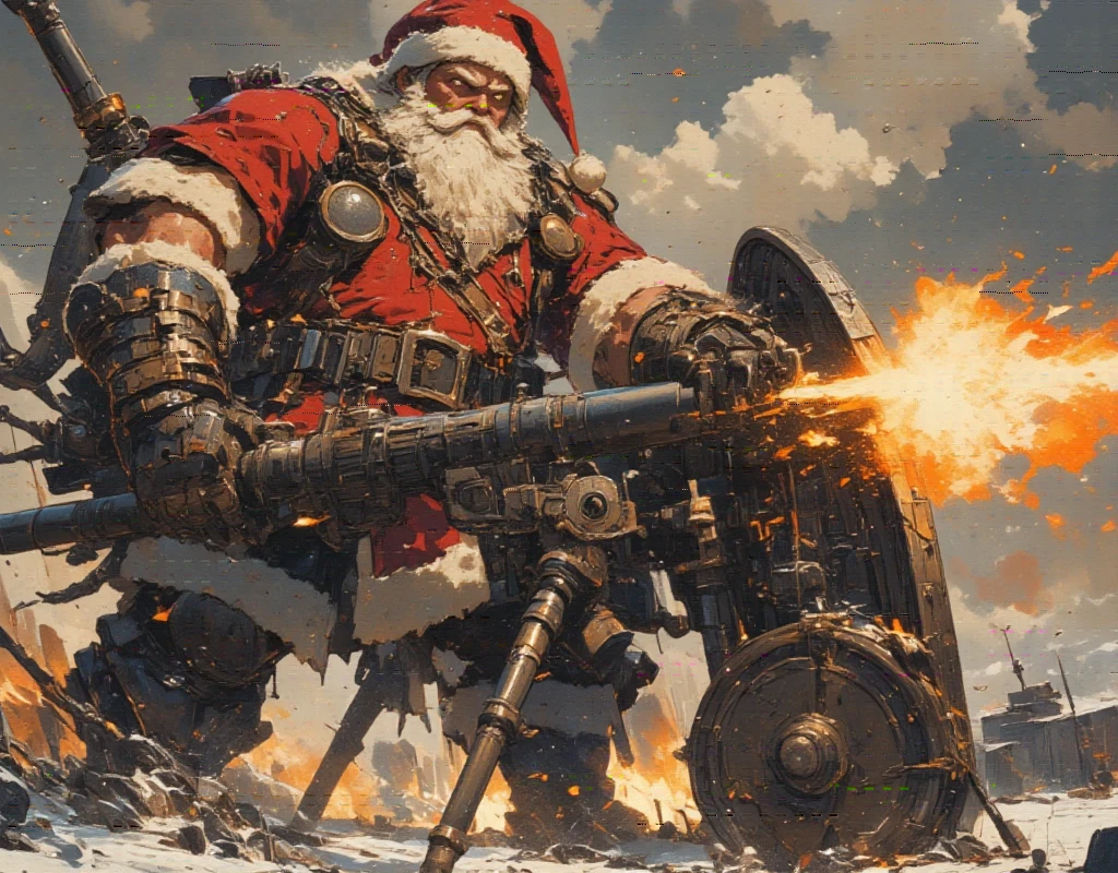 ((UHD, retina, masterpiece:1.2, anatomically correct, good anatomy:1.3, textured skin, super detail, high details, best quality, highres icon:1.3, 8k)), Strong Body Santa Claus , Beard Flickering Like Fire , An Aura Bursting Out of Their Eyes , Muscles are pushing up Santa clothes, Thick Muscular Arms , Santa Claus is looking left and shooting a gun, Santa Claus is holding and firing a long barrel cannon, long barrel:1.5, The shield is stuck into the ground:1.4, The barrel is placed on top of the shield and fixed in place:1.4, Dramatic:1.1, Dynamic Paintbrush, from below:1.2, Vision:1.1