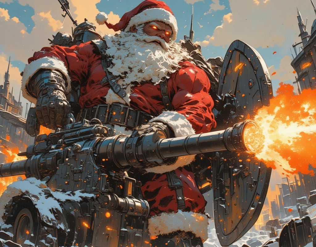 ((UHD, retina, masterpiece:1.2, anatomically correct, good anatomy:1.3, textured skin, super detail, high details, best quality, highres icon:1.3, 8k)), Strong Body Santa Claus , Beard Flickering Like Fire , An Aura Bursting Out of Their Eyes , Muscles are pushing up Santa clothes, Thick Muscular Arms , Santa Claus is looking left and shooting a gun, Santa Claus is holding and firing a long barrel cannon, long barrel:1.5, The shield is stuck into the ground:1.4, The barrel is placed on top of the shield and fixed in place:1.4, Dramatic:1.1, Dynamic Paintbrush, from below:1.2, Vision:1.1