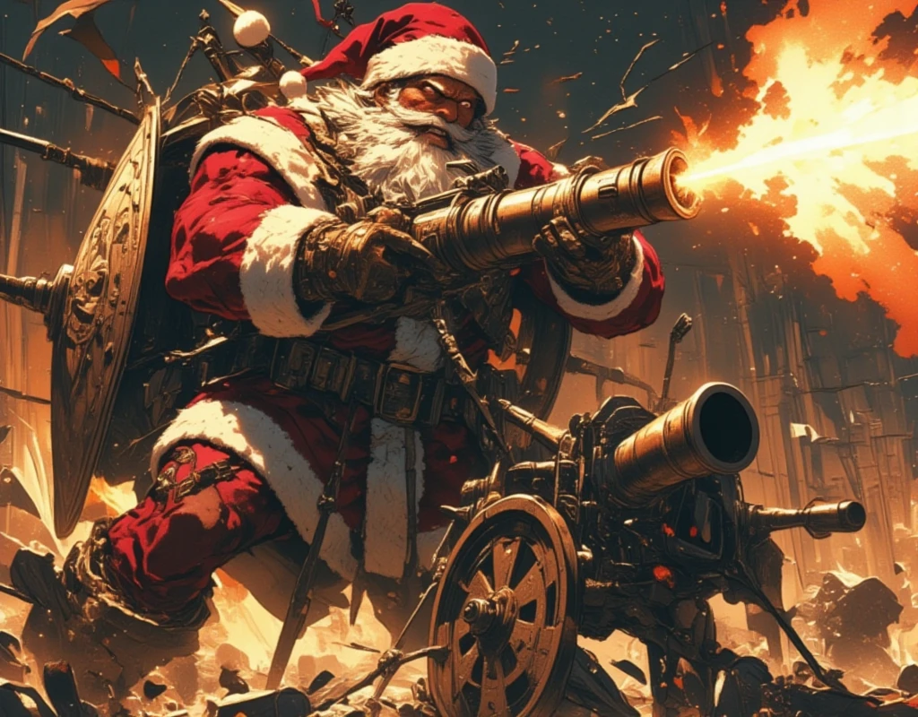 ((UHD, retina, masterpiece:1.2, anatomically correct, good anatomy:1.3, textured skin, super detail, high details, best quality, highres icon:1.3, 8k)), Strong Body Santa Claus , Beard Flickering Like Fire , An Aura Bursting Out of Their Eyes , Muscles are pushing up Santa clothes, Thick Muscular Arms , Santa Claus is looking left and shooting a gun, Santa Claus is holding and firing a long barrel cannon, long barrel:1.5, The shield is stuck into the ground:1.4, The barrel is placed on top of the shield and fixed in place:1.4, Dramatic:1.1, Dynamic Paintbrush, from below:1.2, Vision:1.1