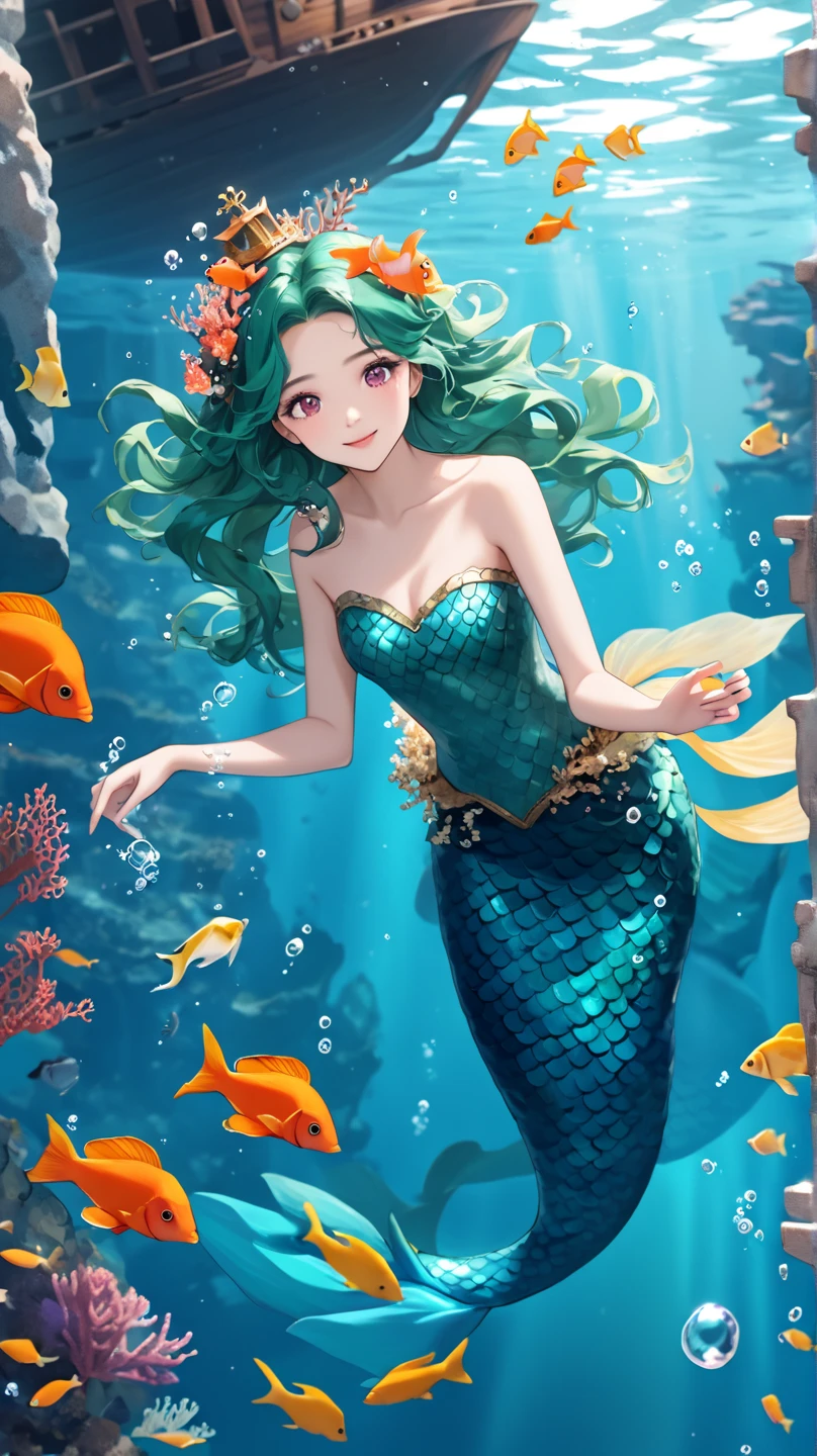 a woman with long wavy dark teal green hair, pink eyes, mermaid, swimming, small corals on her head, clear water, bubbles, smilling, sunken ship at the background, several orange fish swam around