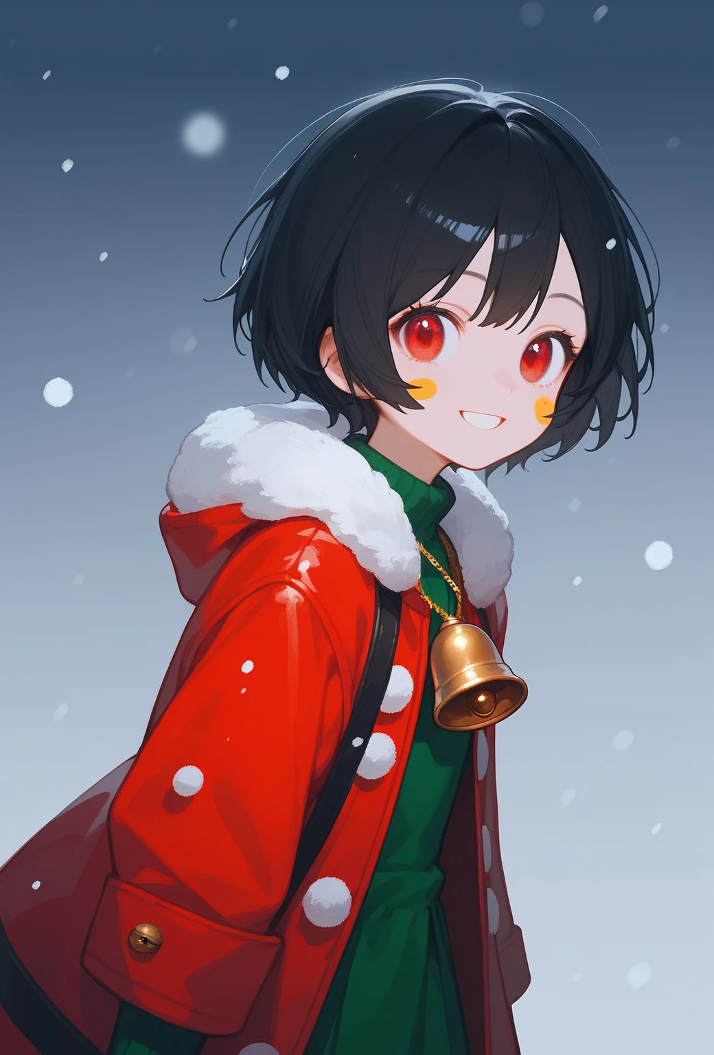 score_9, score_8_up, score_7_up, score_6_up, score_5_up, score_4_up, source_anime, (cute sticker style:1.3), 1girl, kawaii, smiling, red eyes, black hair, (short hair), standing, wearing a red coat, golden bell necklace, Christmas theme, (simple background, plain background), intricate detailed.