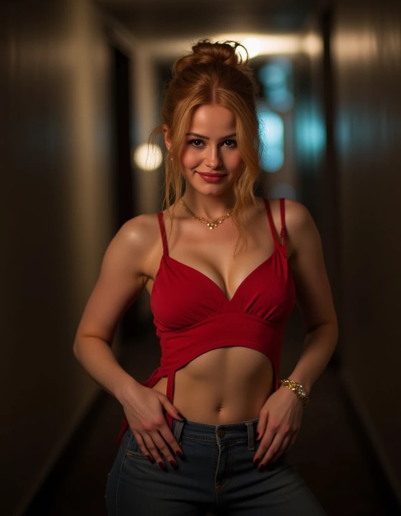  A beautiful woman in a corridor,   wears a tight red strappy crop top  , beautiful round breasts, wearing tight jeans ,  wavy blonde hair in a messy bun , ,  smiles at the camera 