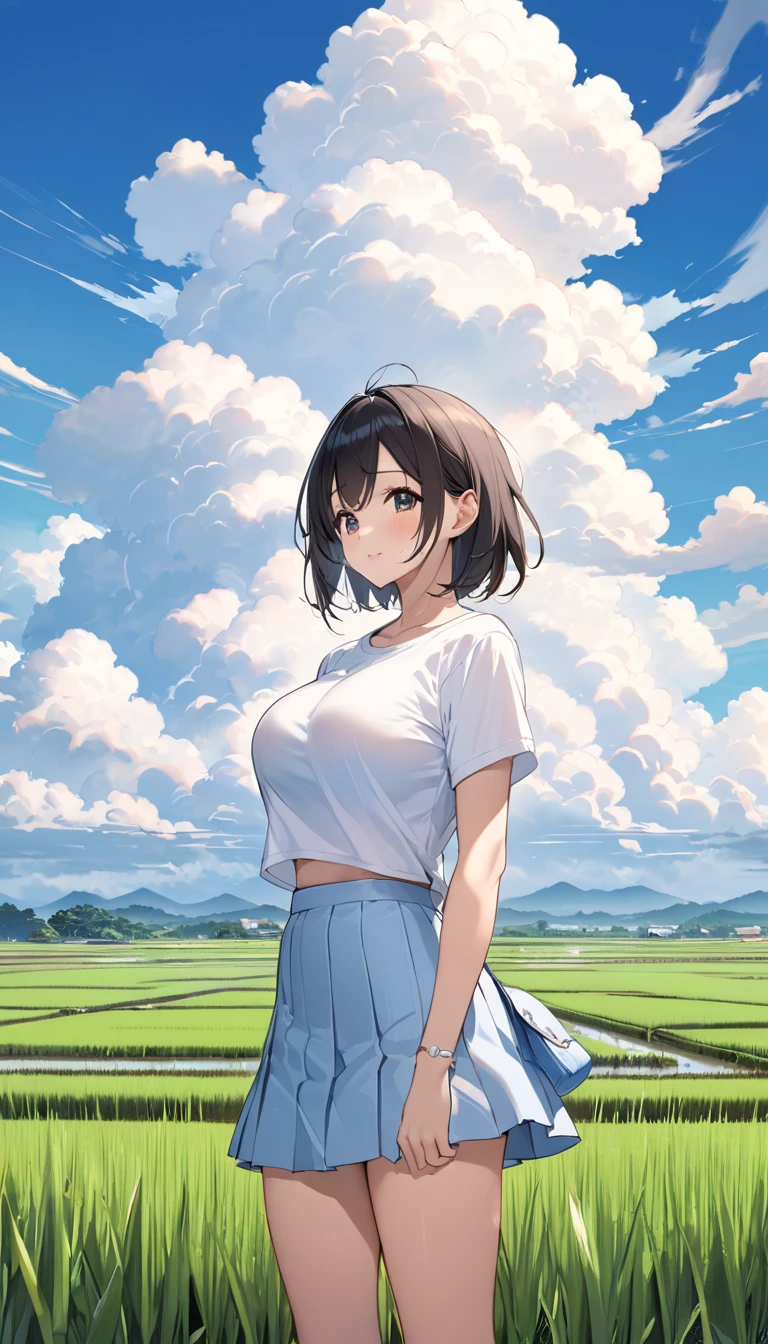  high school girl、Big Breasts、Short-sleeved plain shirt  、  light blue miniskirt 、  rice paddies extend to the horizon  、Clear sky and cumulonimbus clouds  