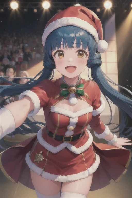 masterpiece,  top quality ,  cowboy shot ,  viewers, :d, Reika Kitakami,  small breasts,  long hair on her face,  twin tails,    Detached Sleeve  ,   reaching out ,  I'm talking about , Singing , indoor,  stage, Santa hat,, mini skirt Santa 