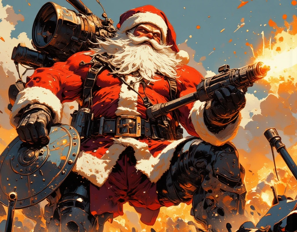 ((UHD, retina, masterpiece:1.2, anatomically correct, good anatomy:1.3, textured skin, super detail, high details, best quality, highres icon:1.3, 8k)), Strong Body Santa Claus , Beard Flickering Like Fire , An Aura Bursting Out of Their Eyes , Muscles are pushing up Santa clothes, Thick Muscular Arms , Santa Claus is looking left and shooting a gun, Santa Claus is holding and firing a long barrel cannon, long barrel:1.5, The shield is stuck into the ground:1.4, The barrel is placed on top of the shield and fixed in place:1.4, Dramatic:1.1, Dynamic Paintbrush, from below:1.2, Vision:1.1