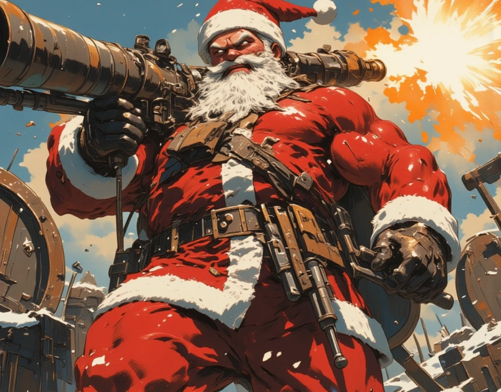 ((UHD, retina, masterpiece:1.2, anatomically correct, good anatomy:1.3, textured skin, super detail, high details, best quality, highres icon:1.3, 8k)), Strong Body Santa Claus , Beard Flickering Like Fire , An Aura Bursting Out of Their Eyes , Muscles are pushing up Santa clothes, Thick Muscular Arms , Santa Claus is looking left and shooting a gun, Santa Claus is holding and firing a long barrel cannon, long barrel:1.5, The shield is stuck into the ground:1.4, The barrel is placed on top of the shield and fixed in place:1.4, Dramatic:1.1, Dynamic Paintbrush, from below:1.2, Vision:1.1