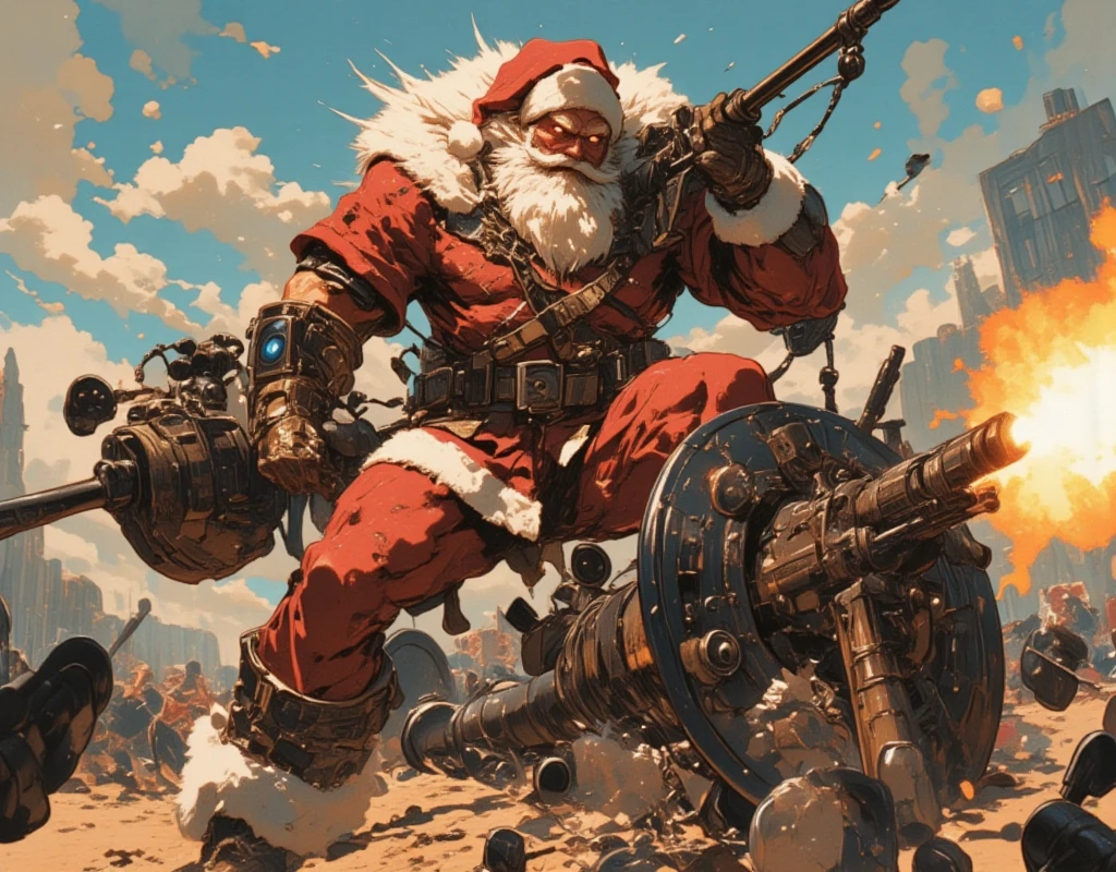 ((UHD, retina, masterpiece:1.2, anatomically correct, good anatomy:1.3, textured skin, super detail, high details, best quality, highres icon:1.3, 8k)), Strong Body Santa Claus , Beard Flickering Like Fire , An Aura Bursting Out of Their Eyes , Muscles are pushing up Santa clothes, Thick Muscular Arms , Santa Claus is looking left and shooting a gun, Santa Claus is holding and firing a long barrel cannon, long barrel:1.5, The shield is stuck into the ground:1.4, The barrel is placed on top of the shield and fixed in place:1.4, Dramatic:1.1, Dynamic Paintbrush, from below:1.2, Vision:1.1