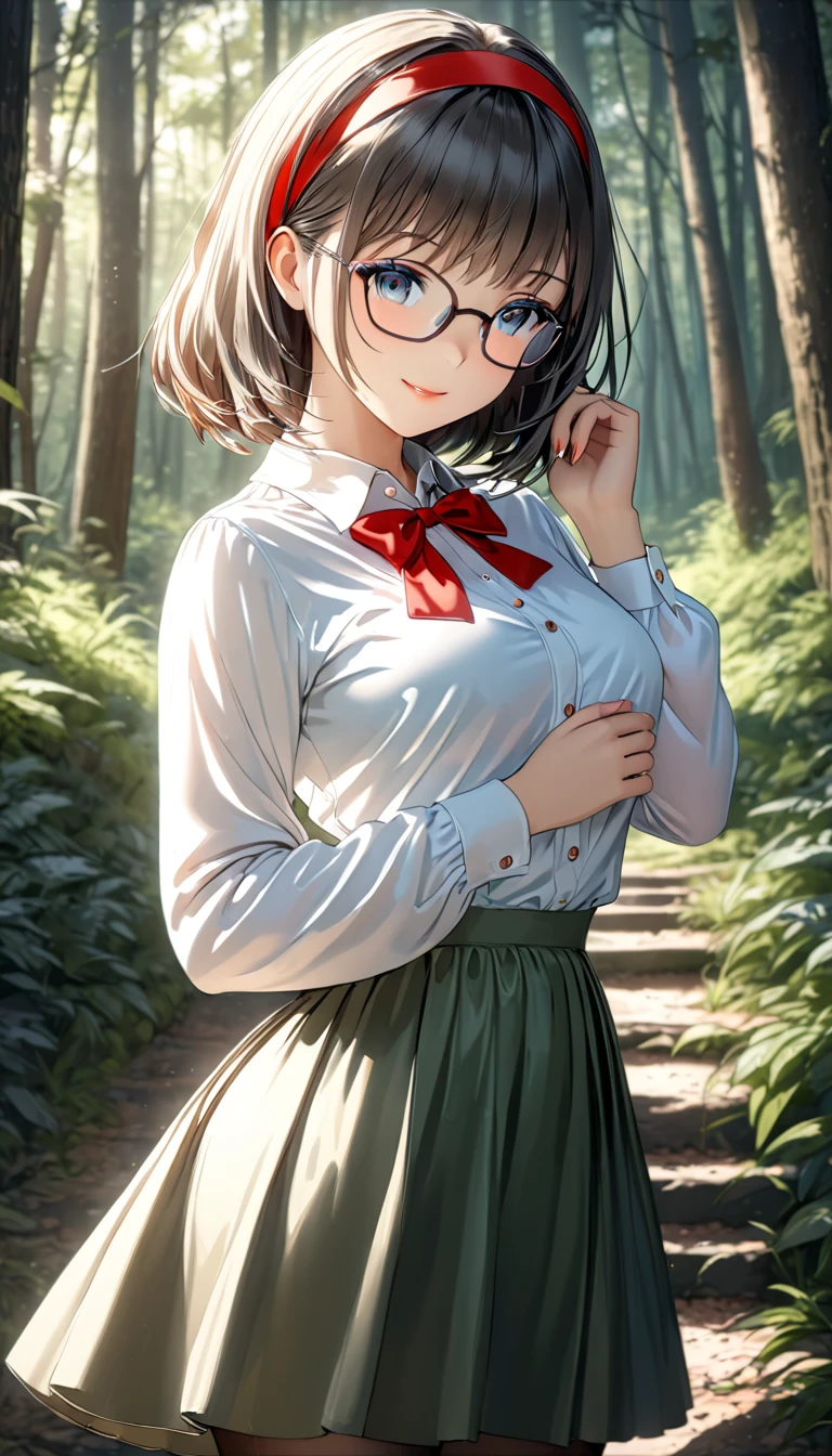 (an anime image with a dress in a forest with 2rabbit) , 1girl, solo, skirt,blue eyes, standing, medium hair, smile, looking at viewer, cowboy_shot,red hairband, shirt, long sleeves, white shirt, bowtie,plaid, pantyhose,glasses, closed mouth, bangs , (best quality, masterpiece, ultra-detailed, illustration:1.2),(8K wallpaper),(beautiful detailed eyes:1.2), beautiful, amazing, detailed eyes, (detailed skin),cinematic lighting , cinematic angle, soft light , color detail, backlighting, (Depth of field:1.3), long exposure, light steps, intricate colors, vibrant colors,AddXL