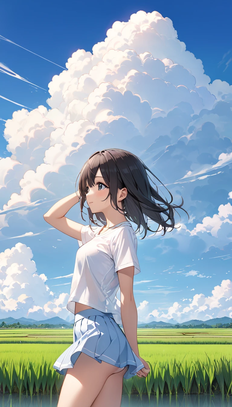  high school girl、 no bra、Short-sleeved plain shirt  、  light blue miniskirt 、  rice paddies extend to the horizon  、Clear sky and cumulonimbus clouds  