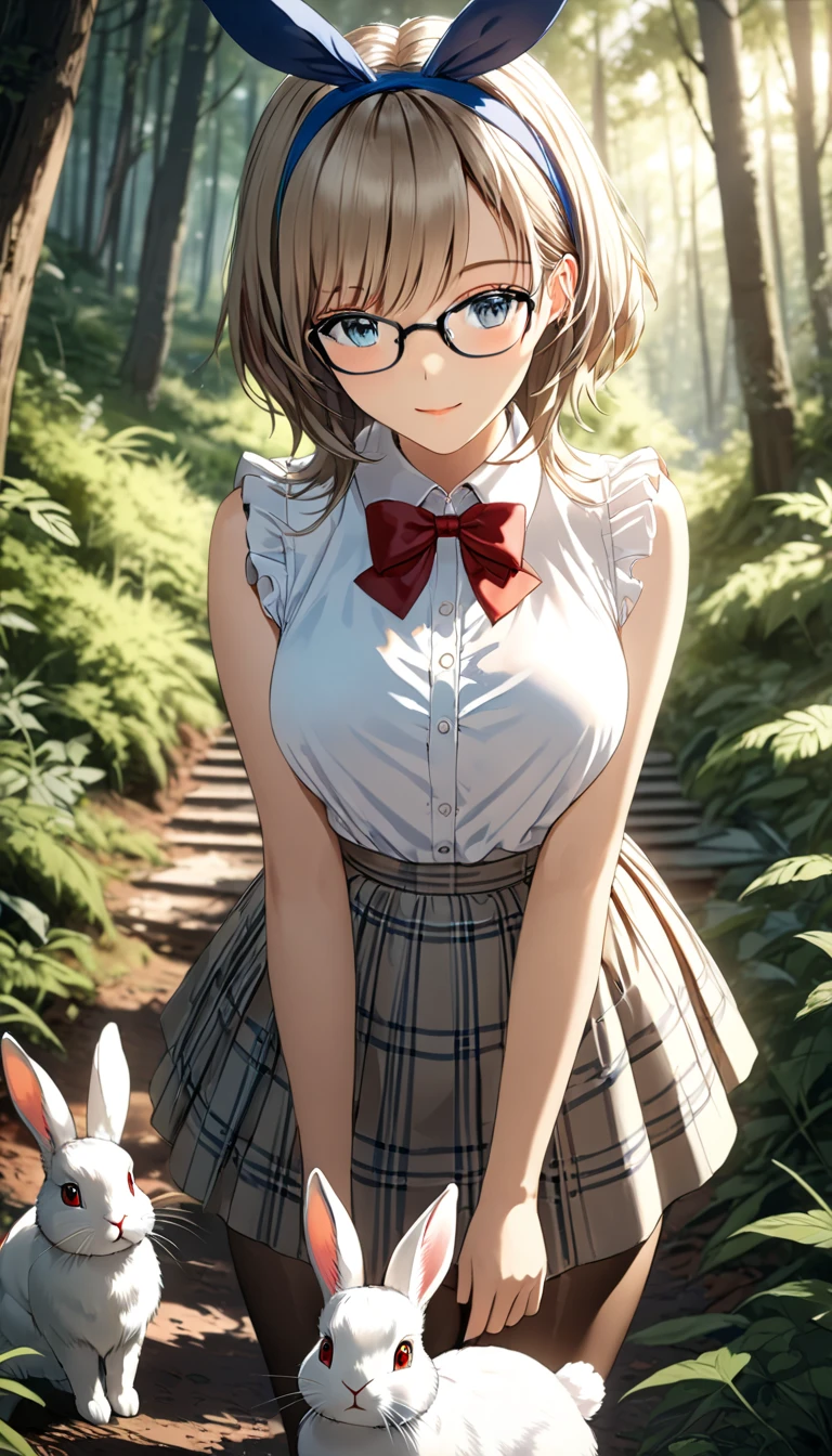 an anime image with a dress in a forest with rabbit,(white 2rabbit), 1girl, solo, skirt,blue eyes, standing, medium hair,light brown hair, smile, looking at viewer, cowboy_shot,blue hairband, shirt, no sleeves, white shirt, red bowtie,plaid, pantyhose,glasses, closed mouth, bangs , (best quality, masterpiece, ultra-detailed, illustration:1.2),(8K wallpaper),(beautiful detailed eyes:1.2), beautiful, amazing, detailed eyes, (detailed skin),cinematic lighting , cinematic angle, soft light , color detail, backlighting, (Depth of field:1.3), long exposure, light steps, intricate colors, vibrant colors,AddXL