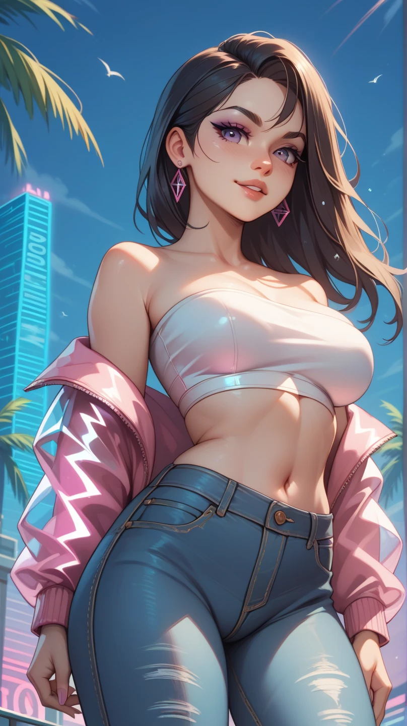 A Saudi Arabian girl with long, straight black hair, wearing a silver metallic jacket over a holographic tube top and low-rise jeans. She poses confidently, and soft neon vaporwave patterns, like floating digital palm trees and glitchy sunsets, subtly emerge from the edges of the clean white background.